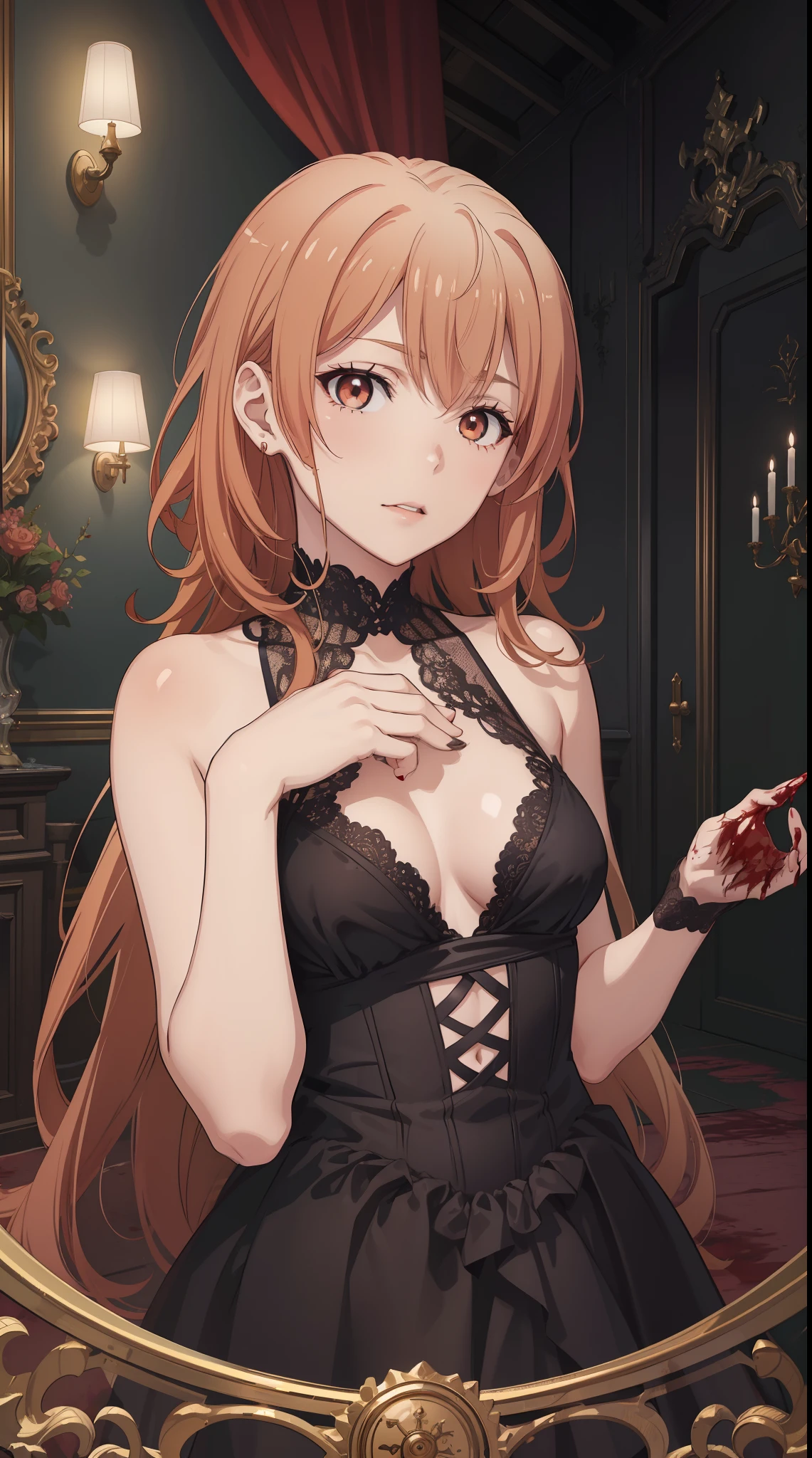 (best quality,4k,8k,highres,masterpiece:1.2), ultra-detailed, realistic:1.37, portraits, black dress, perfect anatomy, isshiki iroha, yuigahama yui, only females, detailed eyes, detailed lips, long eyelashes, beautiful face, natural beauty, intense expression, elegant posture, sensual, dark atmosphere, soft lighting, vivid colors, smooth skin, shiny hair, flowing dress, delicate features, (((bloody girl, blood, sadistic, the girl is a torturer, blood on face)))