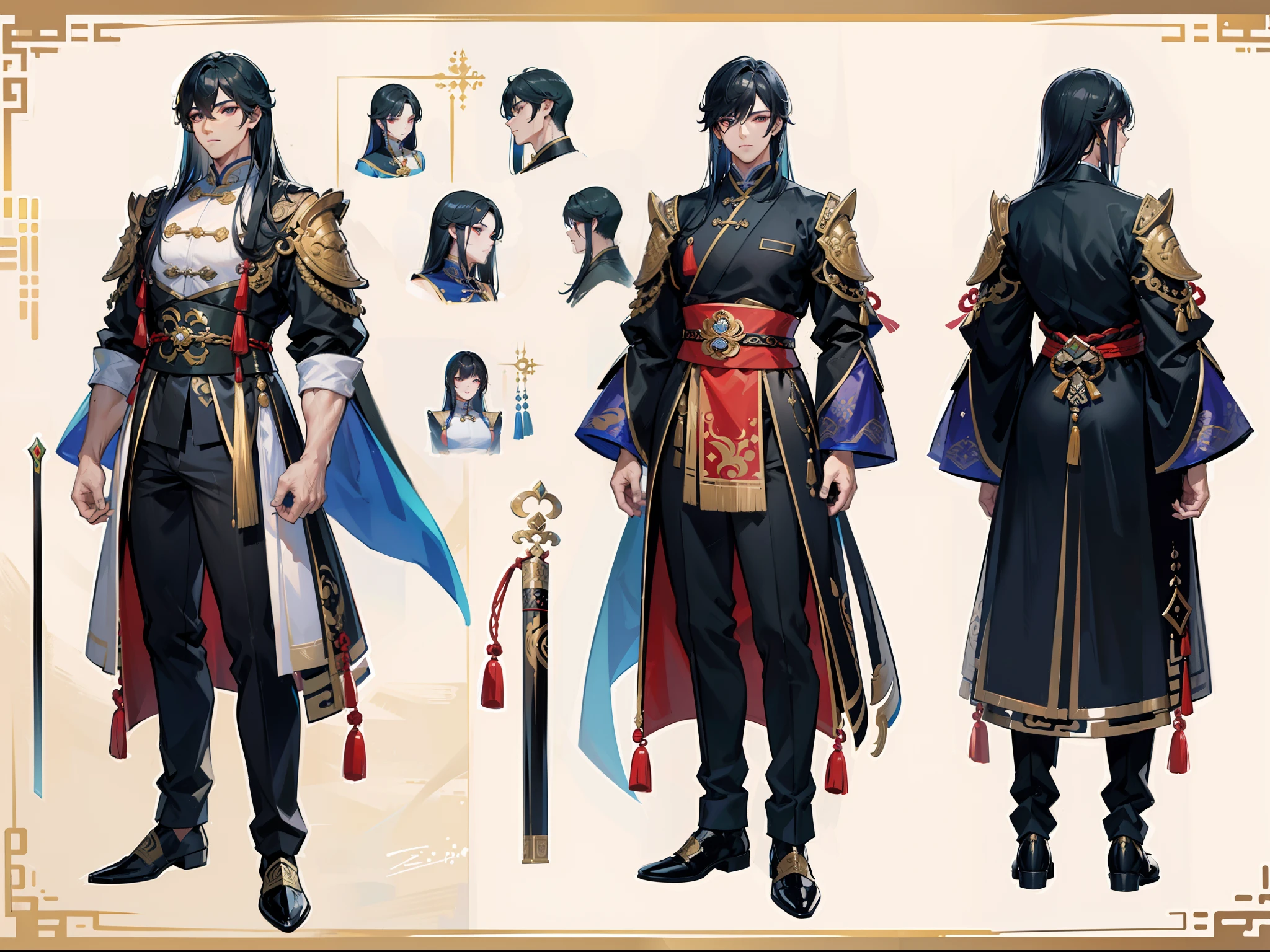 ((Masterpiece, Highest quality)), Detailed face, character design sheet， full bodyesbian, Full of details, frontal body view, back body view, Highly detailed, Depth, Many parts, Muscle boy with long black hair，handsome man, muscle body, Traditional chinese clothes, Genshin Impact, man tall