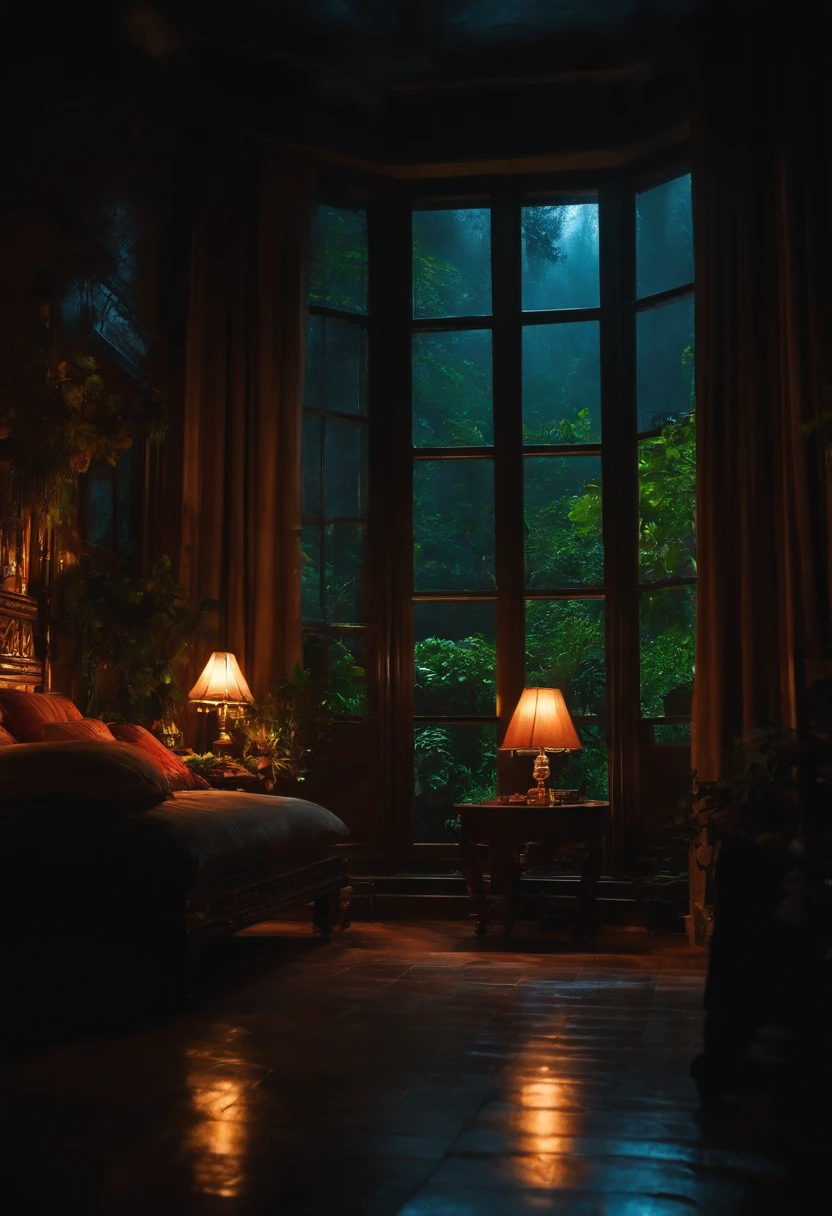 Night scenery in a room with lots of details, Ao fundo, uma janela com gotas de chuva, cenario aconchegante