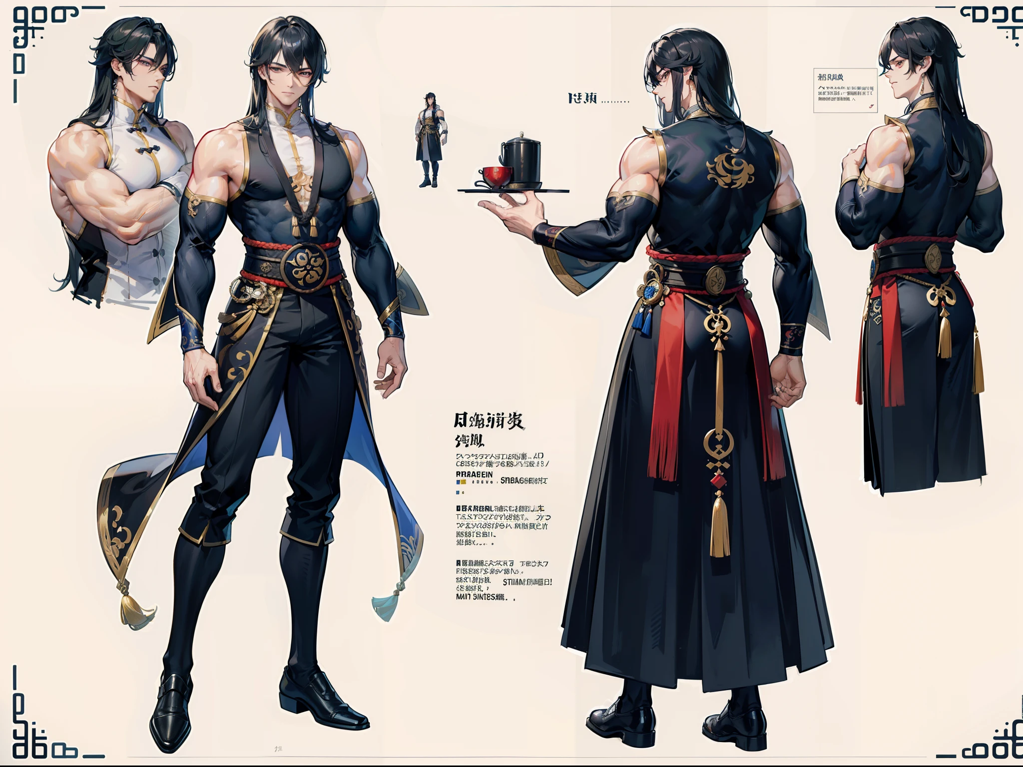 ((Masterpiece, Highest quality)), Detailed face, character design sheet, full bodyesbian, Full of details, frontal body view, back body view, Highly detailed, Depth, Many parts, Muscle boy with long black hair with long bangs,handsome man, muscle body, Traditional chinese clothes, Genshin Impact, man tall, pectoral muscles, abs