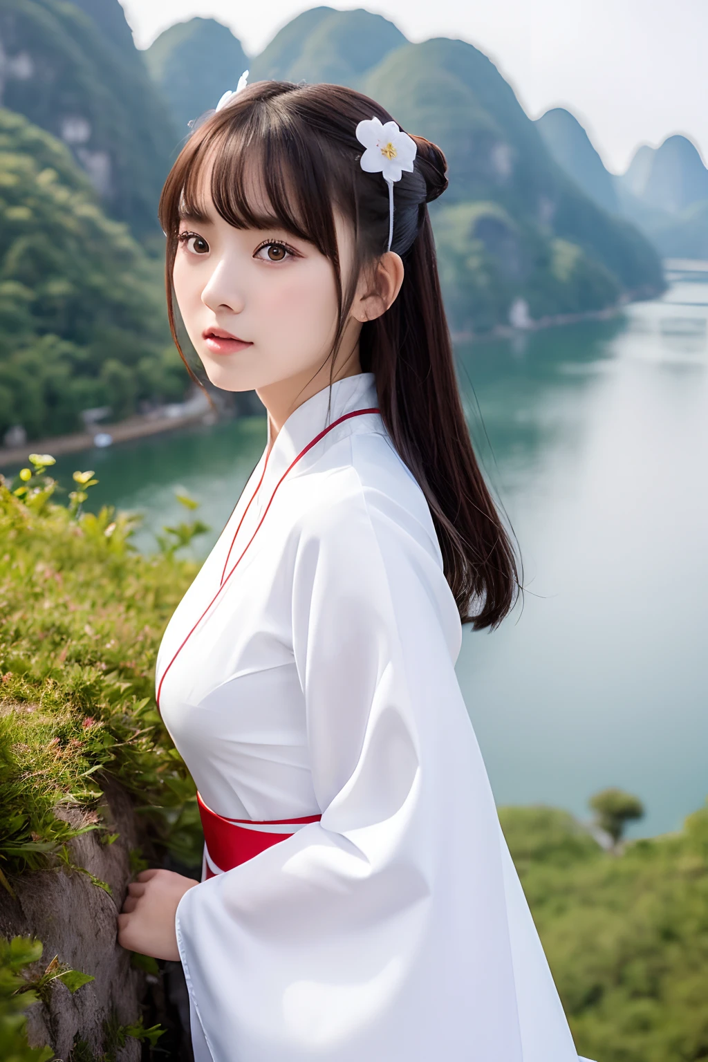 A 20-year-old girl,Wear white Hanfu, Bust photo,The background is the landscape of Guilin.