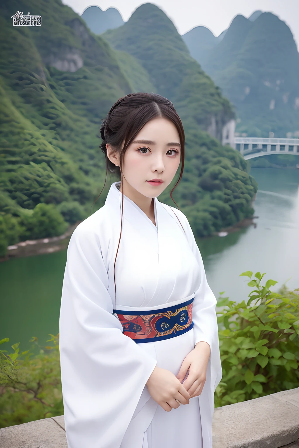 A 20-year-old girl,Wear white Hanfu, Bust photo,The background is the landscape of Guilin.
