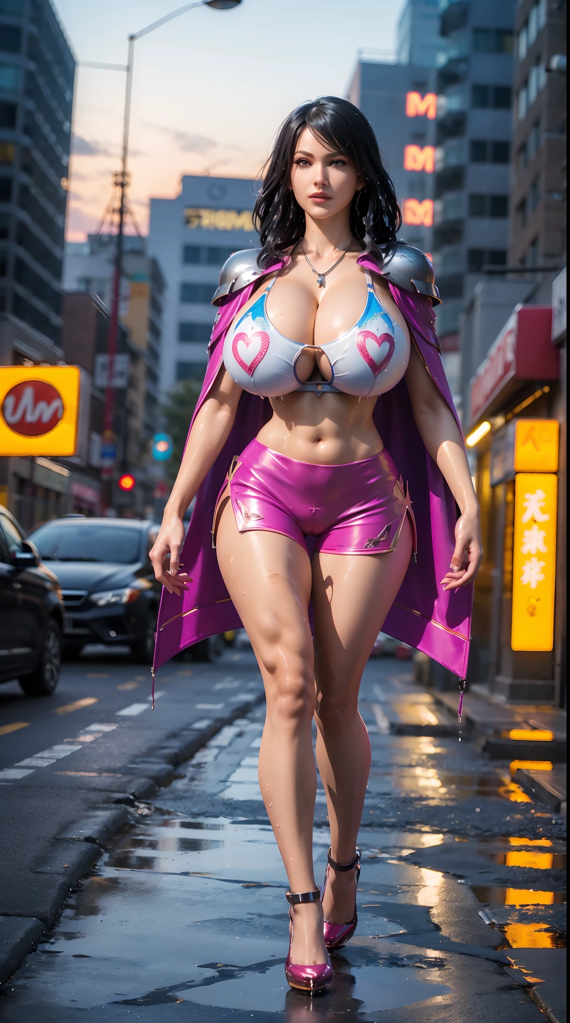 1GIRL, SOLO, COQUETTE, (HAIR ORNAMENT, NECKLACE), (WET HUGE FAKE BOOBS:1.3), (STREET CITY BACKGROUND), (ICE PHOENIX MECHA CROP TOP, ROYAL CAPE, CLEAVAGE:1.2), (SKINTIGHT YOGA HOTPANTS, HIGH HEELS:1.2), (PERFECT BODY, FULL BODY VIEW:1.5), (LOOKING AT VIEWER), (WALKING DOWN:1.2), MUSCLE ABS:1.3, ULTRA HIGHT DEFINITION, 8K, 1080P.