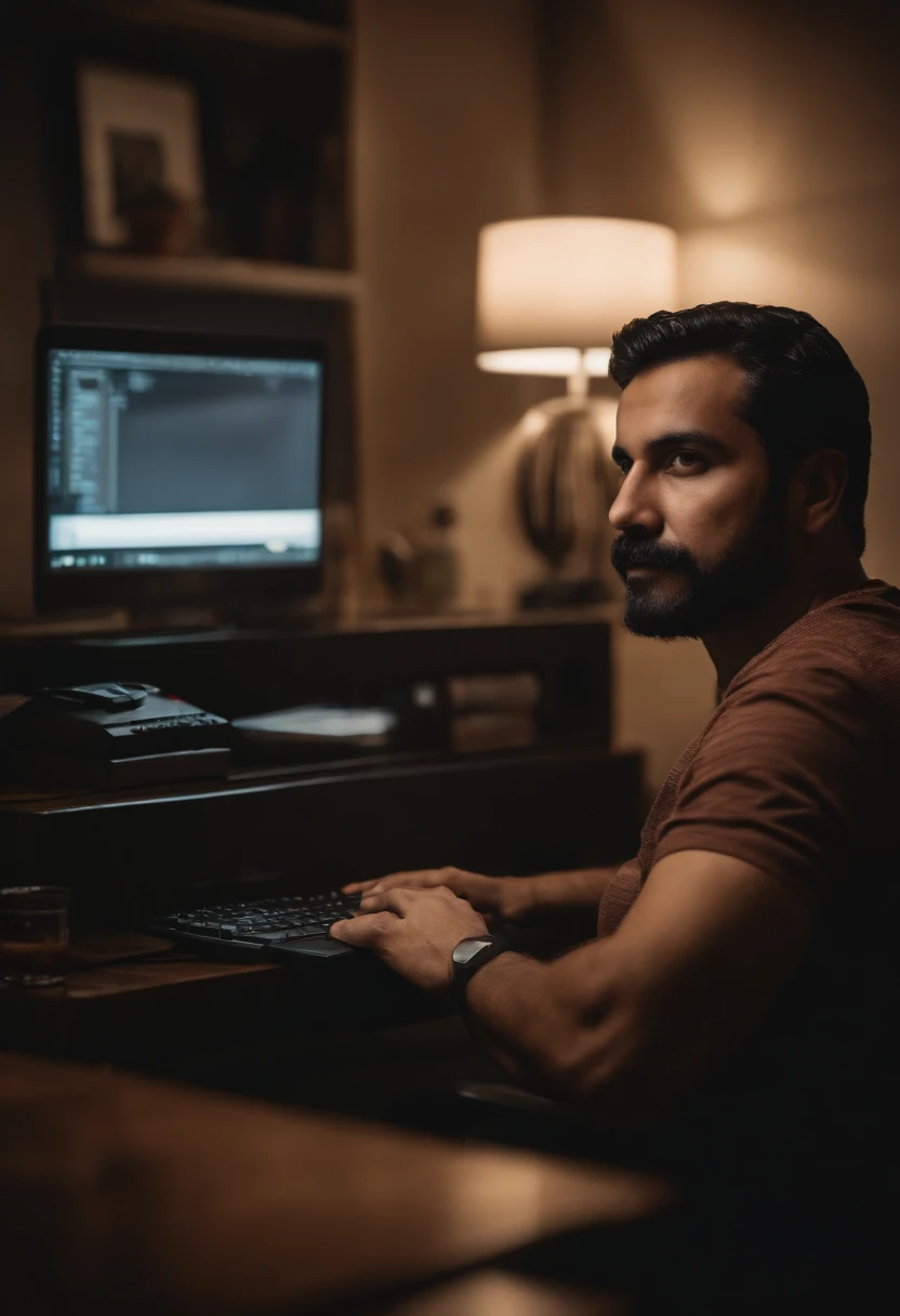 Retrato de um pai em uma mesa com computador