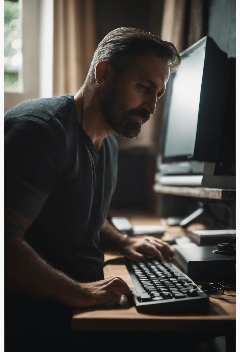 Retrato de um pai em uma mesa com computador