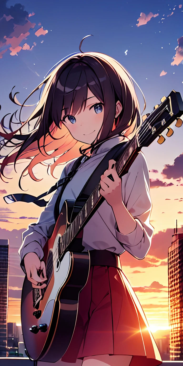 masutepiece, Best Quality,Illustration, Wallpaper, Ultra Detail, absurderes,Long wavy hair  girl tip, Solo, (Medium short hair、plays the guitar、Face smile、Overlooking the city from the top of the hill、The sunset is beautiful、Windy