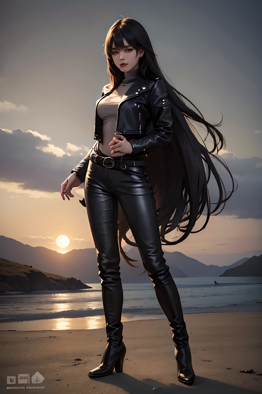 1girl, long curly black hair, brown eyes, wearing black leather jacket, black leather long pants, black boots, high res, ultrasharp, 8K, masterpiece, looking at viewer, full body photo, magnificent scene, epic scenes, large moon, fire, magic, warrior, mountains, hero, large sword at waist