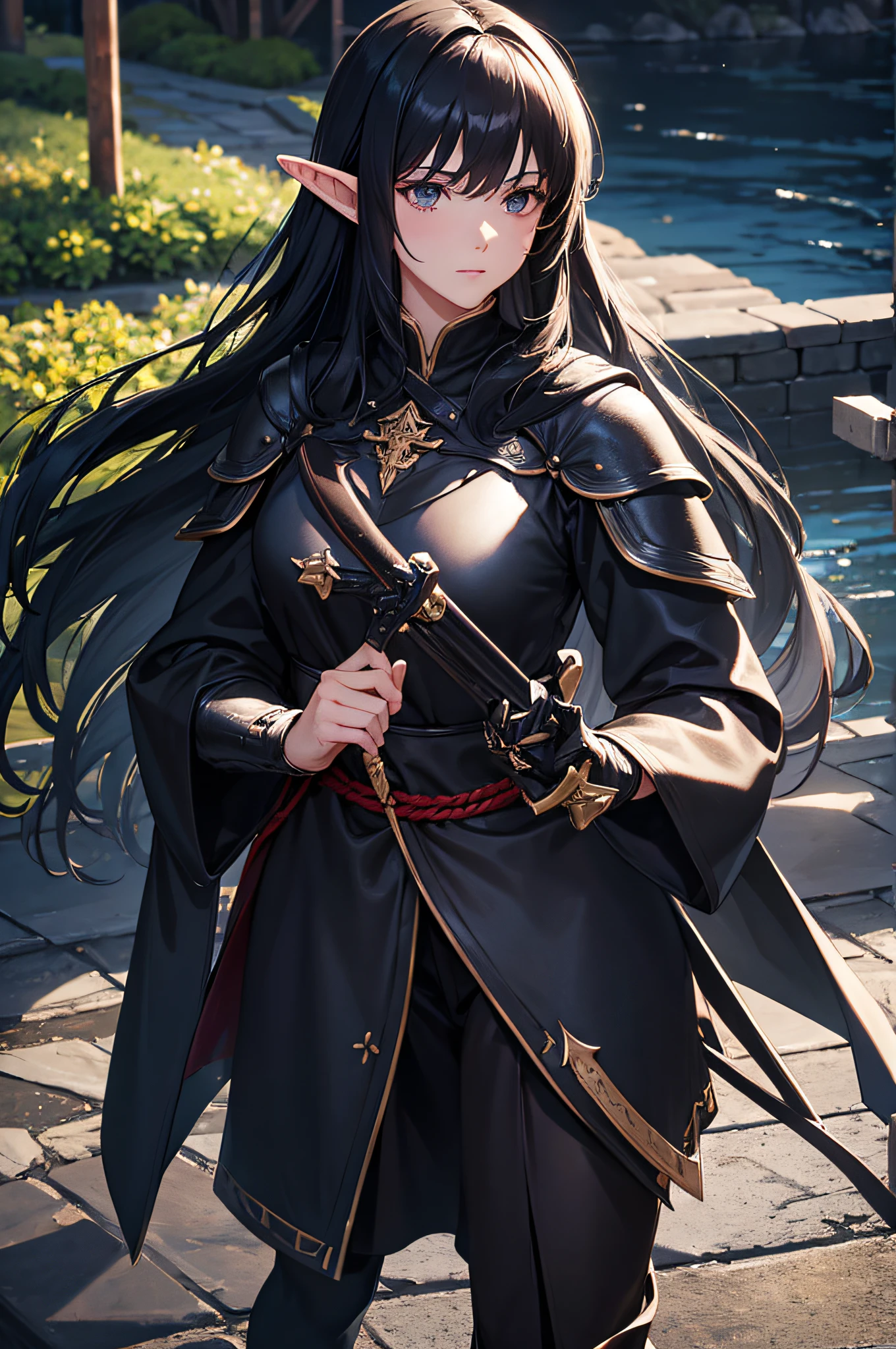 4k,hight resolution,One Woman,elvish,A dark-haired,Longhaire,Knight's clothing made of black leather,Nodachi