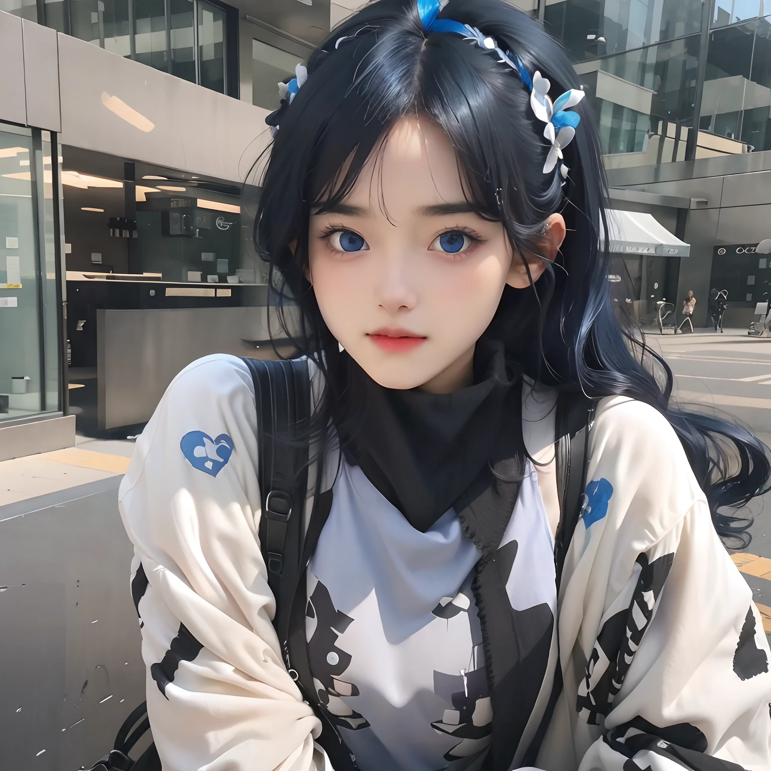 ultra realistic, blue eyes, black and blue hair, wearing sweeter, sharp nose, 15 years old, big eyes, faint smile, closed clothes, elegant