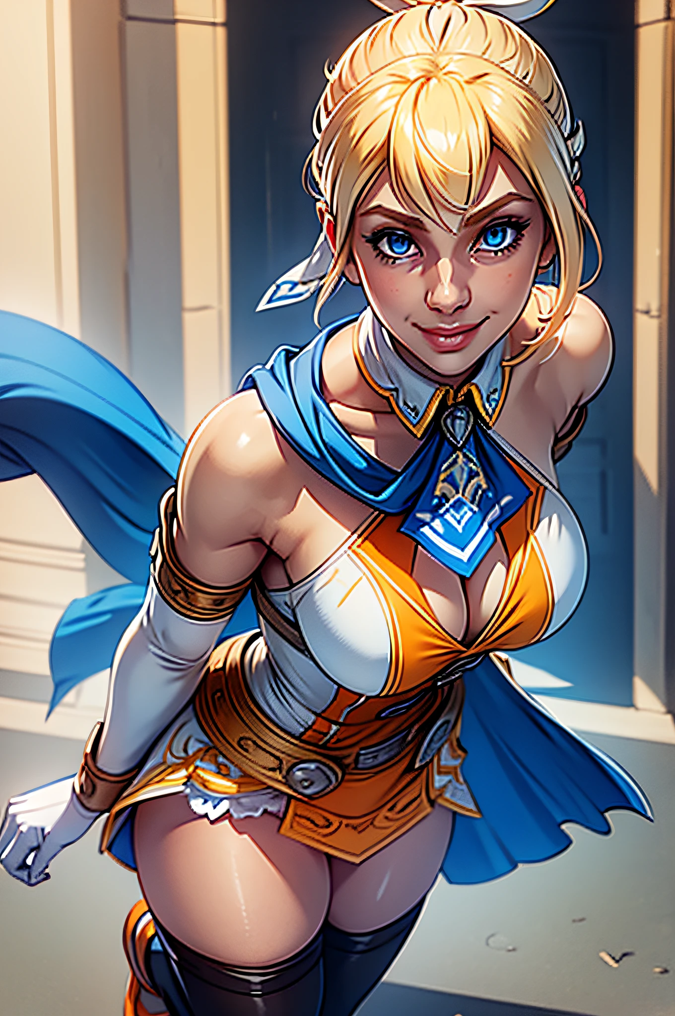 cassandra, blonde hair, blue eyes, ponytail, shoulder armor, blue scarf, white hair ribbon, orange and white dress, belt , white elbow gloves, cleavage cutout, blue neckerchief, black thighhighs, shoes, skirt, 1girl, solo, facing viewer, looking at viewer, smile