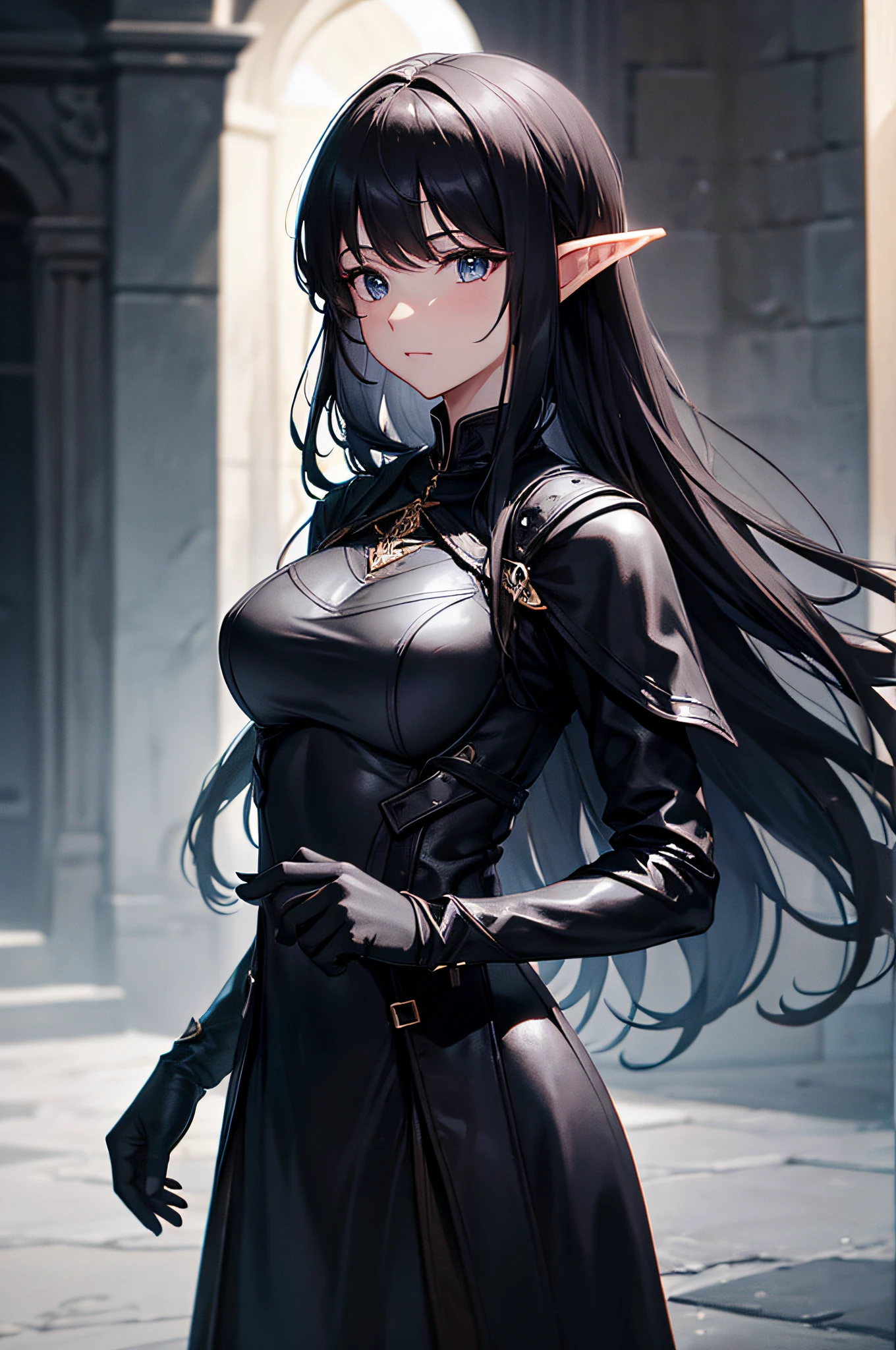 4k,hight resolution,One Woman,elvish,A dark-haired,Longhaire,Knight's dress made of black leather