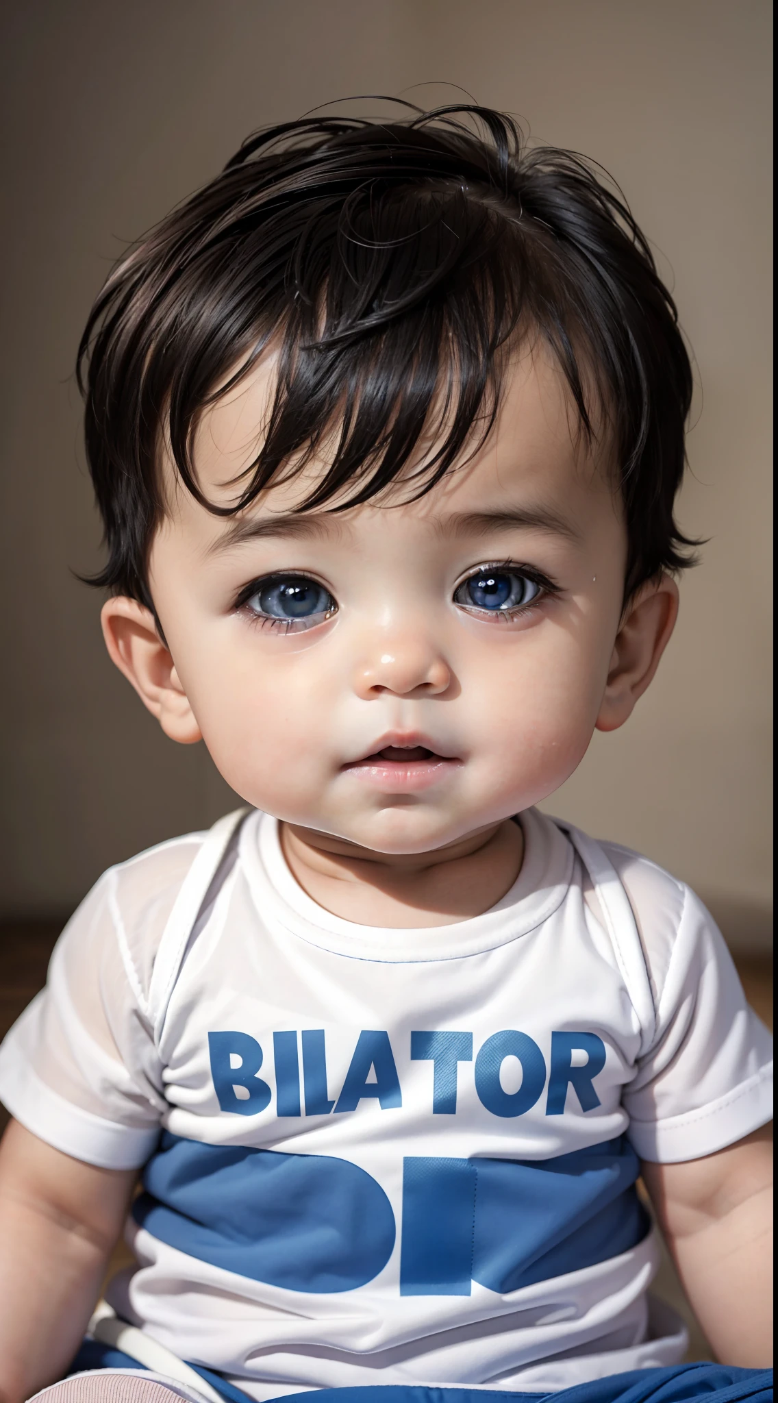 Ultra high quality, ultra high definition, ultra sharpness, 8K, a very cute baby boy, 1 year old, alone, wearing a children's clothes, portrait, ultra detailed eyes, ultra detailed irises, completely identical irises, cheerful smile