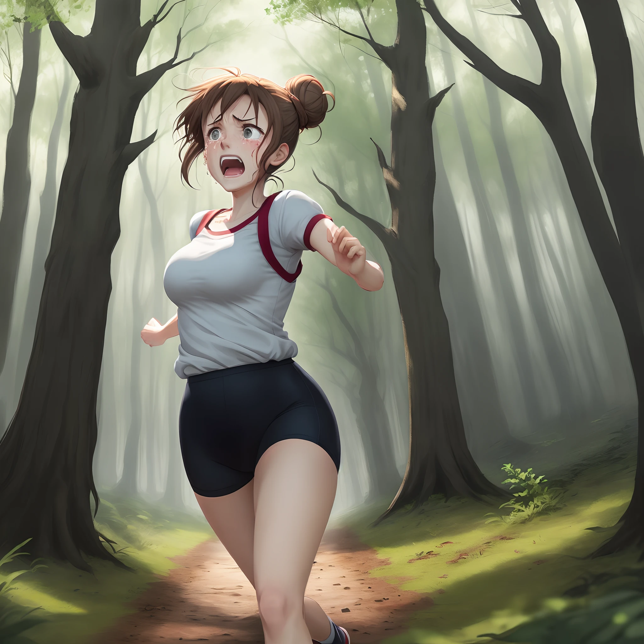 Terrified lady fleeing through the woods. Sprinting. Crying. Screaming. Her hair is in a bun. Anime style.