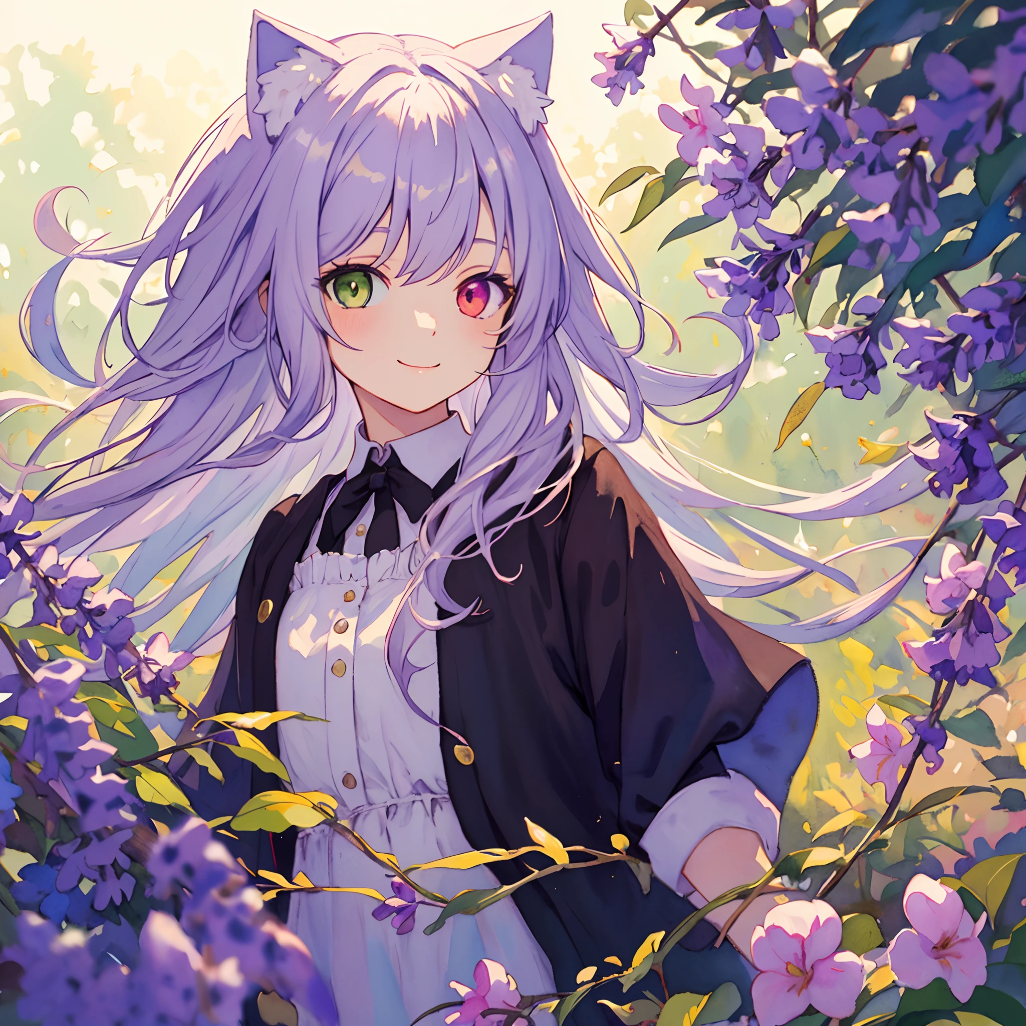 ((solo young catgirl)), lavender hair, nekomimi, simple plain background, relaxed, innocent smile, flowing hair, flowers, leaves, masterpiece, heterochromia, polychromia, light background, (pastel colors), (muted colors), glow, soft, in the style of a watercolor painting, head tilt