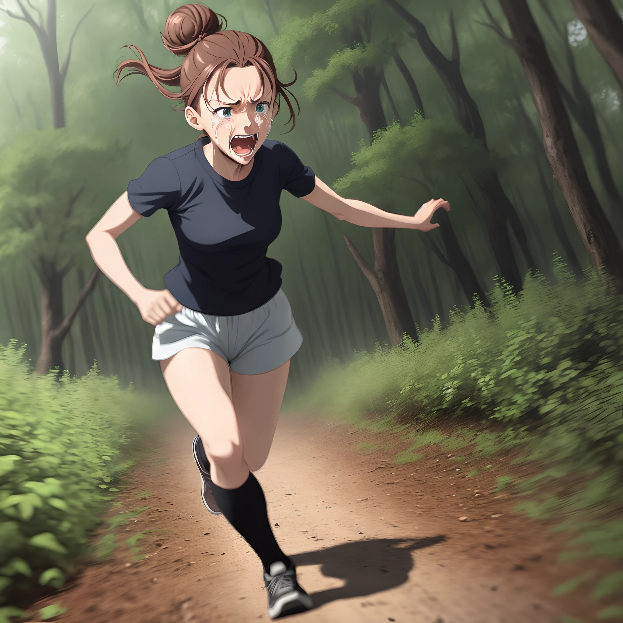 Terrified lady fleeing through the woods. Sprinting. Crying. Screaming. Her hair is in a bun. Anime style.