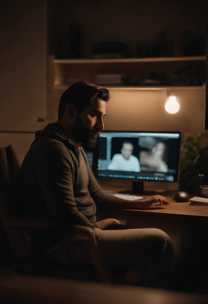 Retrato de um pai em uma mesa com computador, realista, 4k, marketing digital