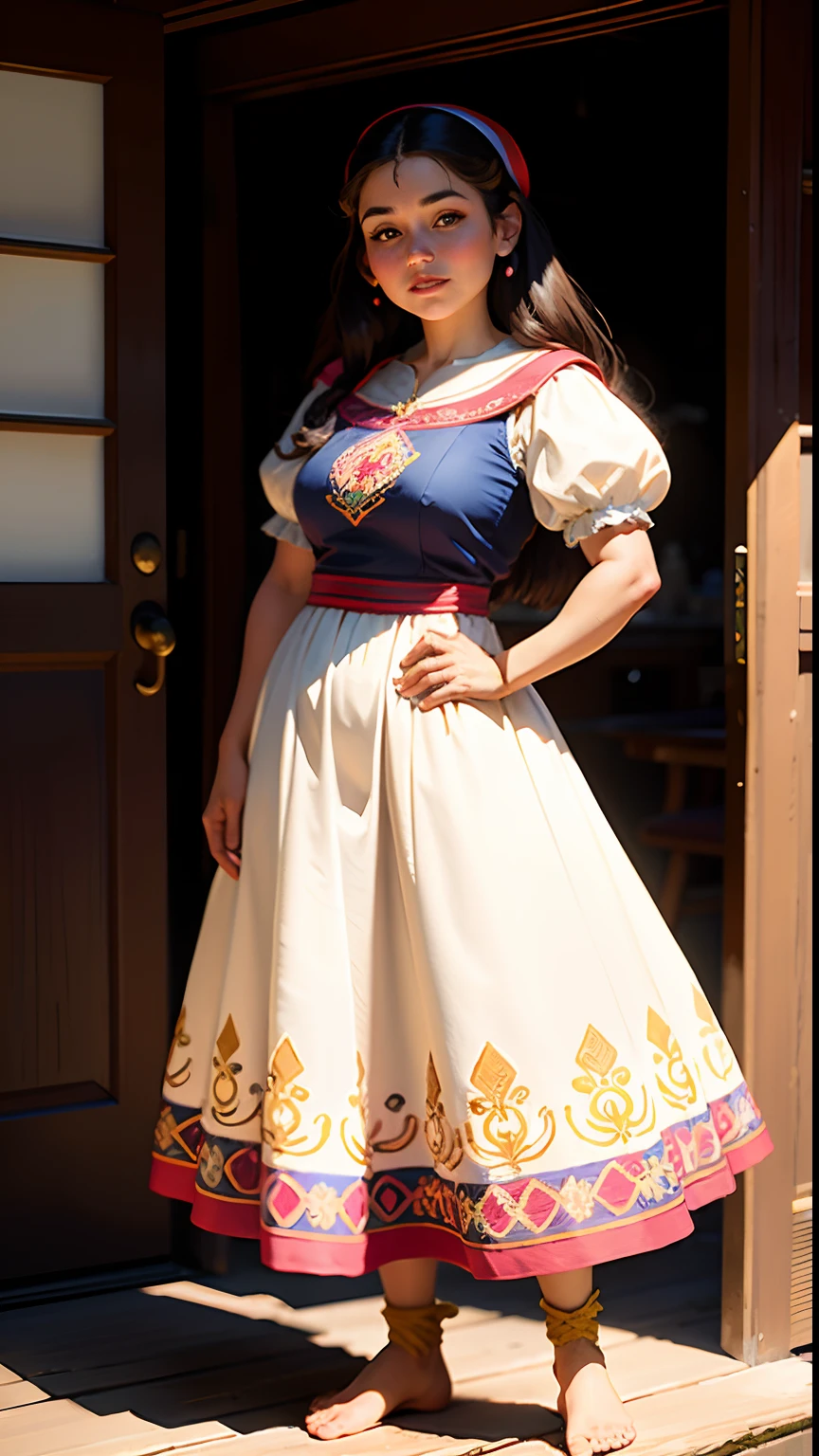 Ricamente inspirada na arte de john Buscema,1garota jovem e bonita, inspired by the main character of the Brothers Grimm's tale, Snow White and the Seven Dwarfs;, innocent appearance, imaculada, standing on her feet, wearing a humble embroidered traditional dress worn at the time,