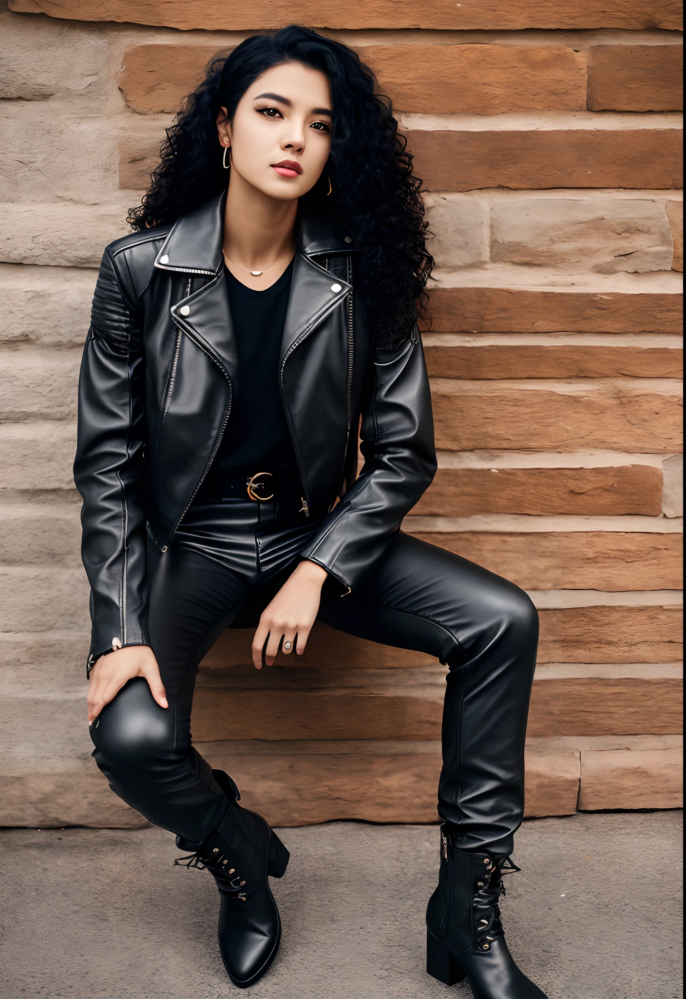 Long curly black hair, Brown eyes, wearing the black leather jacket, Black leather trousers, Black boots, A high resolution, ultrasharp, 8K
