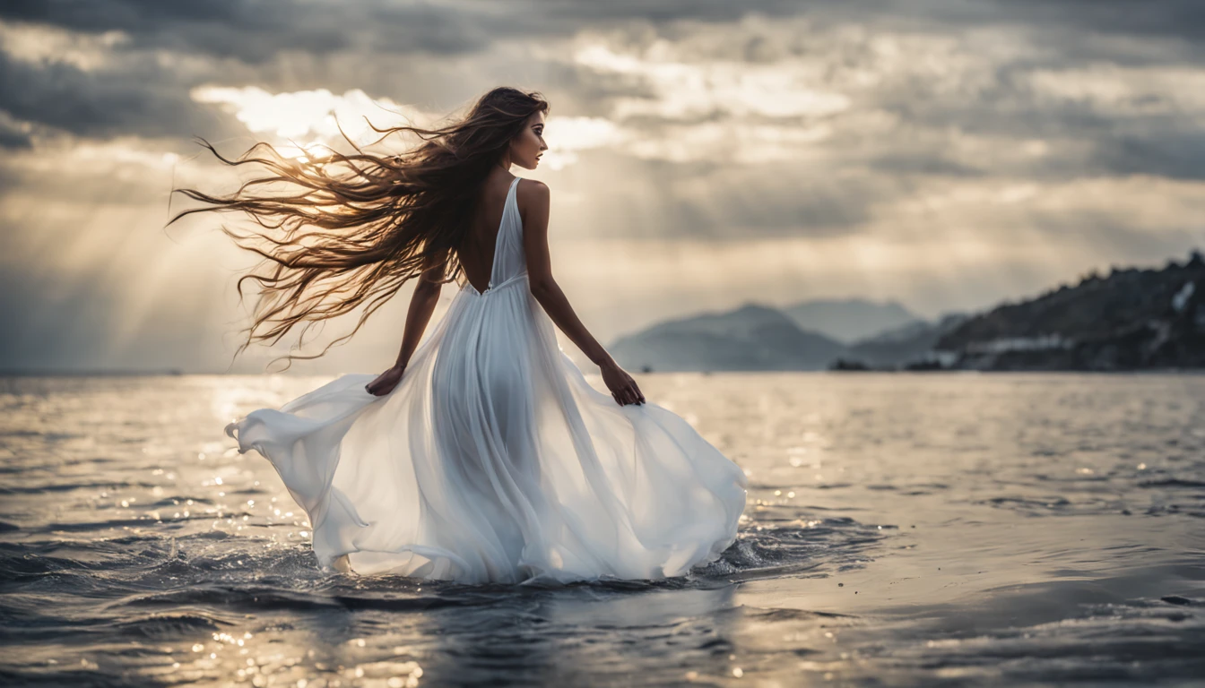 Beautiful woman in white dress standing in sea water with flowing dress, pale skinned, deusa, pegue a chave, de colar de diamante, Pearls in water, a noite, starly sky, sky with galaxy, ......lua, Como uma deusa, walking on water, mulher iluminada, blue water, wearing a white flowing dress, white flowing dress, she is floating in the air, flowing white robes, tiptoeing, Flowing dress, lindo vestido branco longo longo, Wearing a flowing dress, flutuando no ar, vestido branco longo, Pose flutuante elegante, cabelo flutuando ao vento, Girl in white dress dancing, mistic, Magic, realista, chocante, Escuro, Dramatic, Espiritual, mystery, deusa