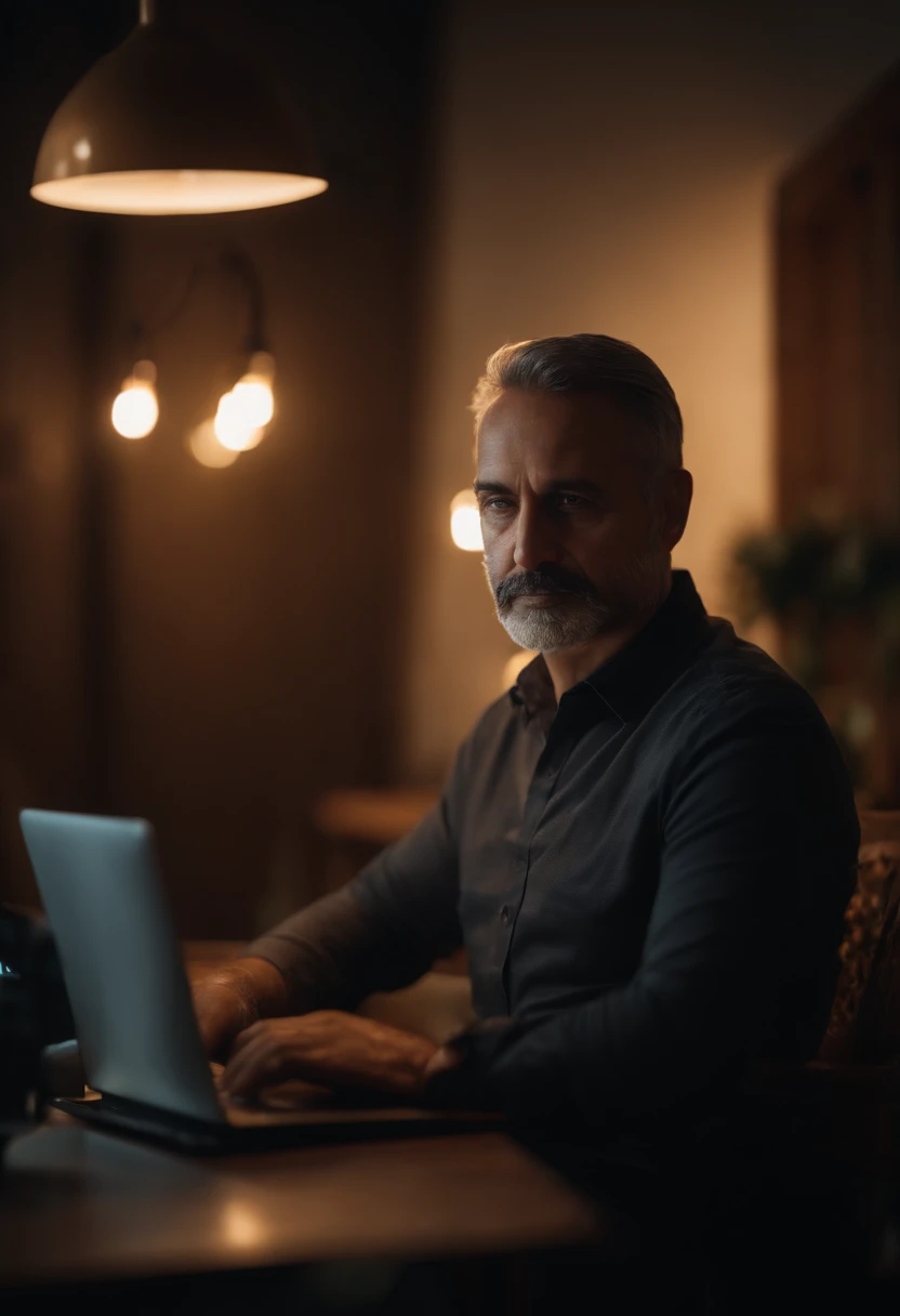 Retrato de um pai em uma mesa com computador, realista, 4k, marketing digital, com luz, claridade, nitidez