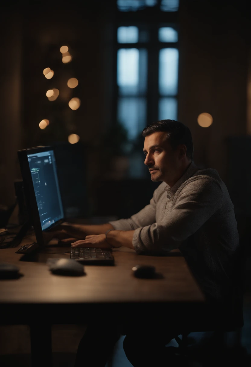 Retrato de um pai em uma mesa com computador, realista, 4k, marketing digital, com luz, claridade, nitidez
