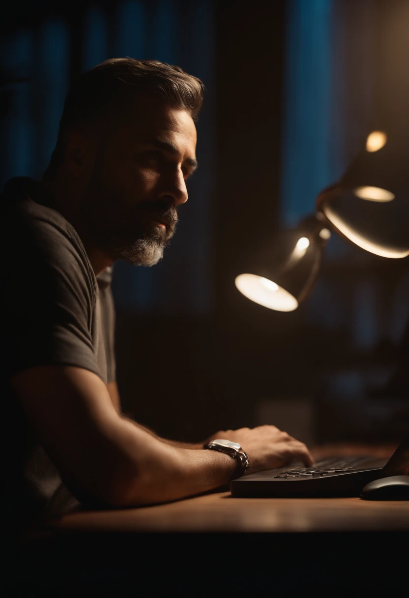 Retrato de um pai em uma mesa com computador, realista, 4k, marketing digital, com luz, claridade, nitidez