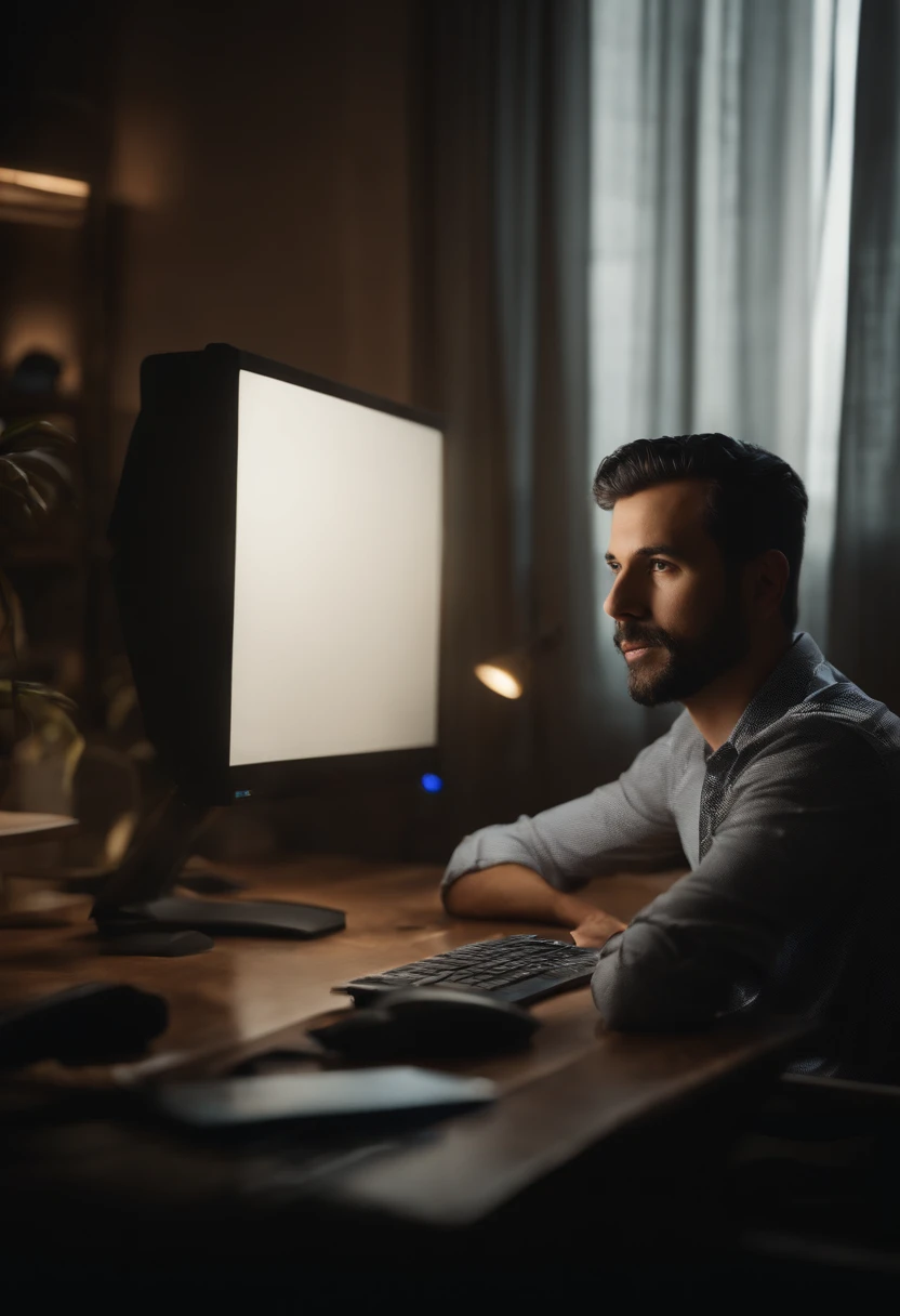 Retrato de um pai em uma mesa com computador, realista, 4k, marketing digital, com luz, claridade, nitidez