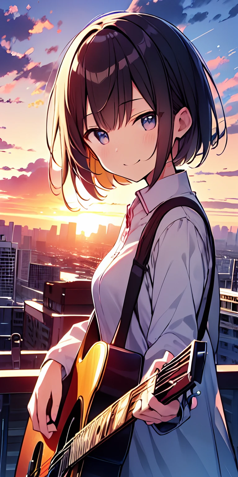 masutepiece, Best Quality,Illustration, Wallpaper, Ultra Detail, absurderes, 16 year old girl, Solo, (Medium short hair、plays the guitar、Face smile、Overlooking the city from the top of the hill、The sunset is beautiful
