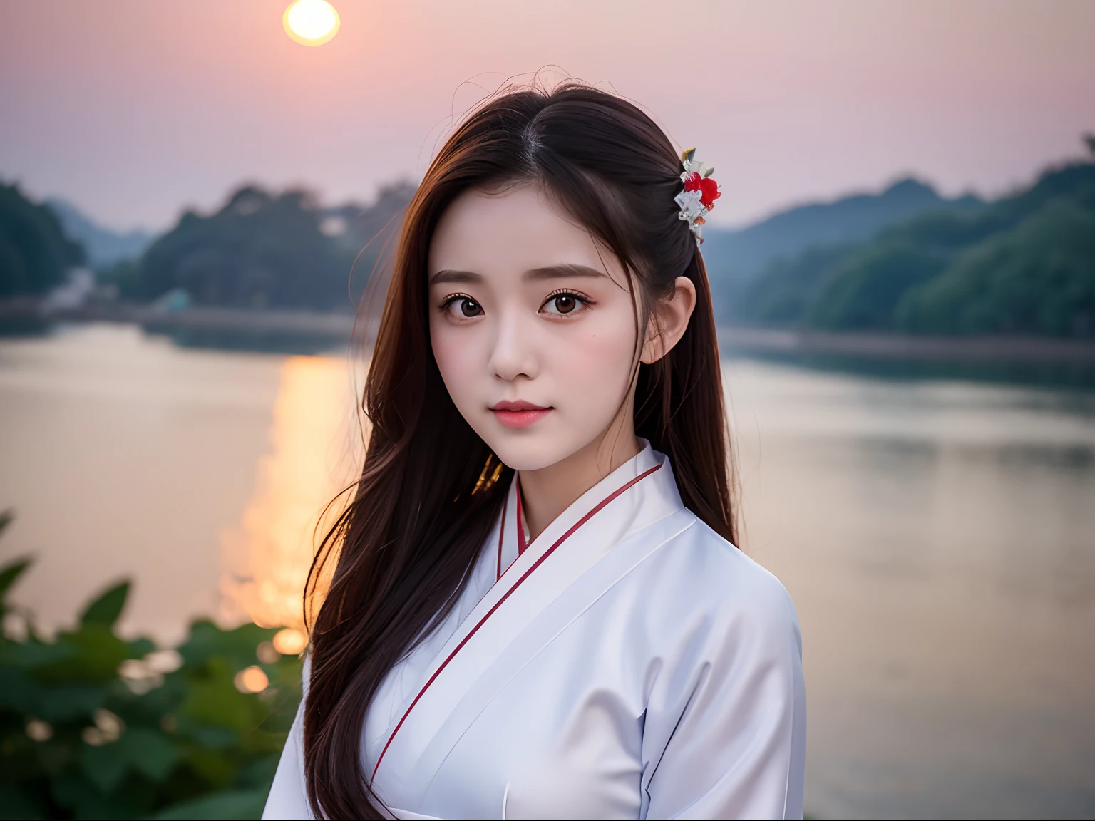 A 20-year-old girl,Wear white Hanfu, Bust photo,The background is Hangzhou West Lake.setting sun.