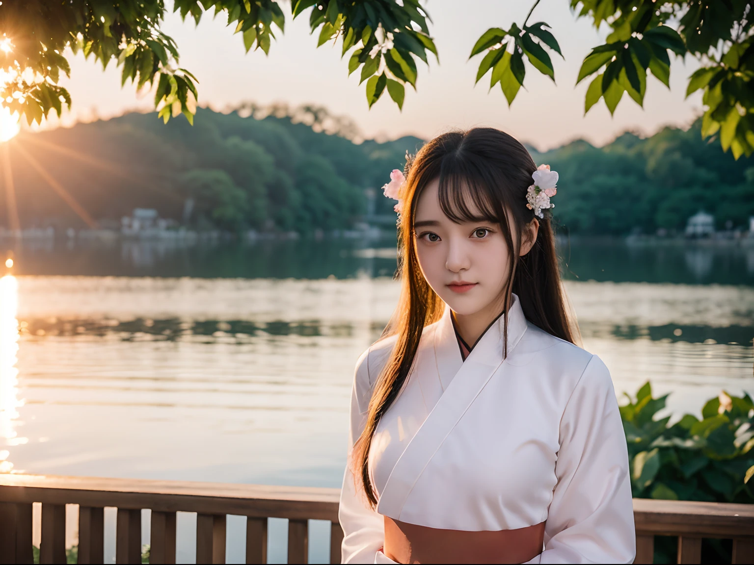 A 20-year-old girl,Wear white Hanfu, Bust photo,The background is Hangzhou West Lake.setting sun.