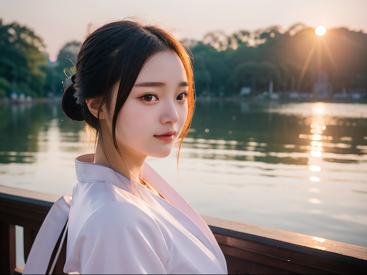 A 20-year-old girl,Wear white Hanfu, Bust photo,The background is Hangzhou West Lake.setting sun.