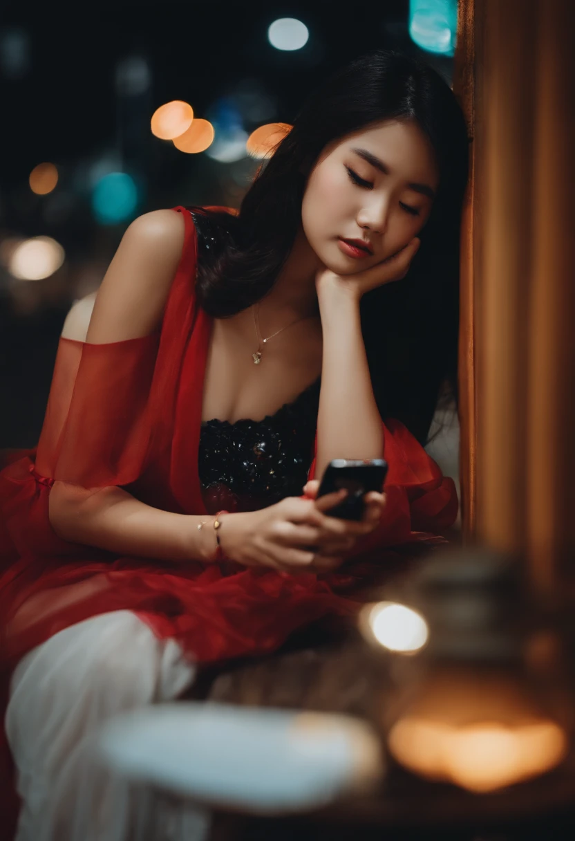 A Chinese girl, segurando o celular, bored expression, fundo noturno