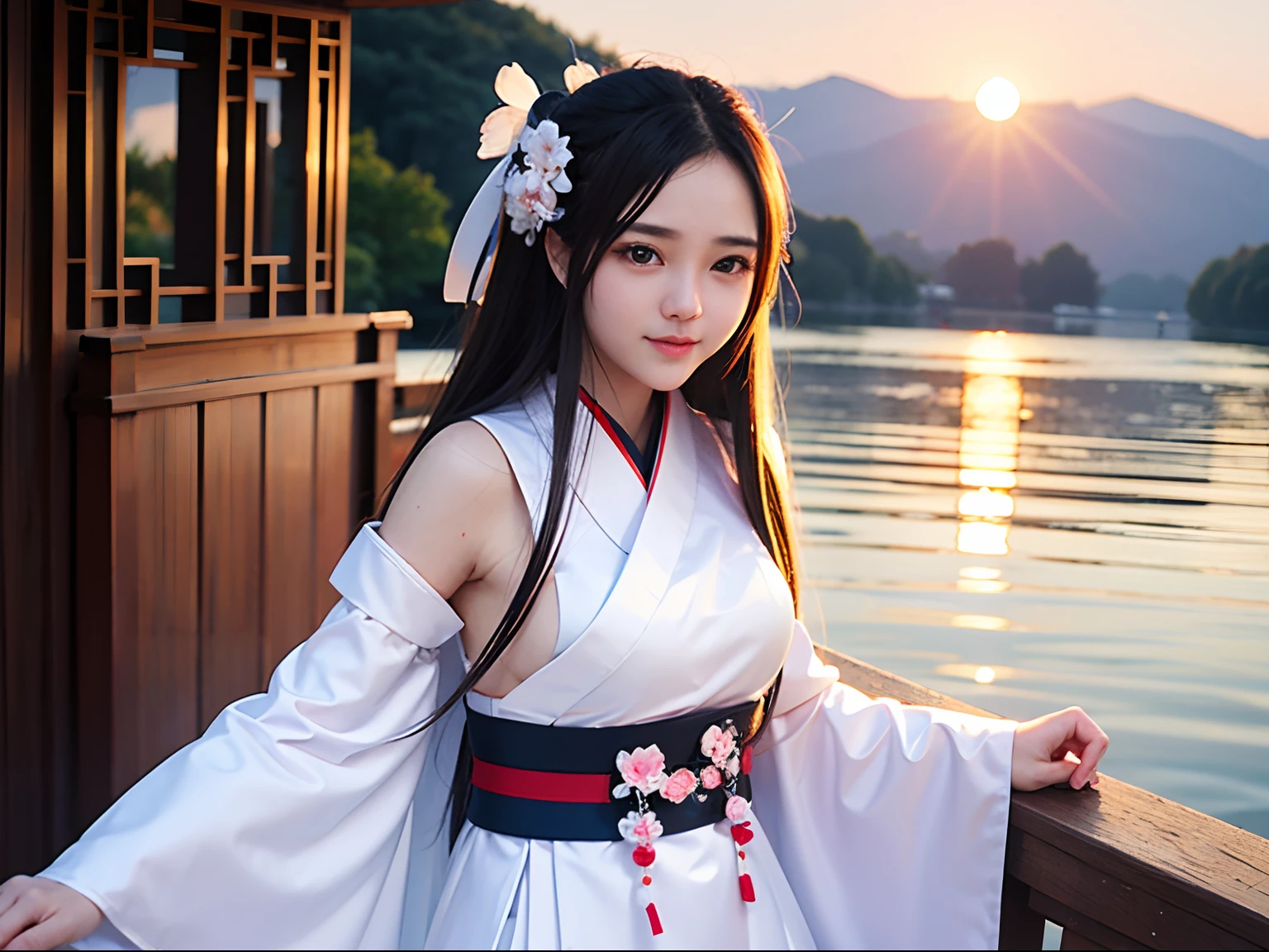A 20-year-old girl,Wear white Hanfu, Bust photo,The background is Hangzhou West Lake.setting sun.