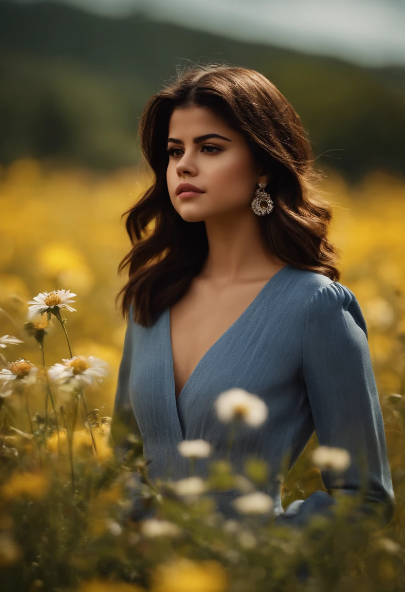 selena gomez  in a field of flowers.