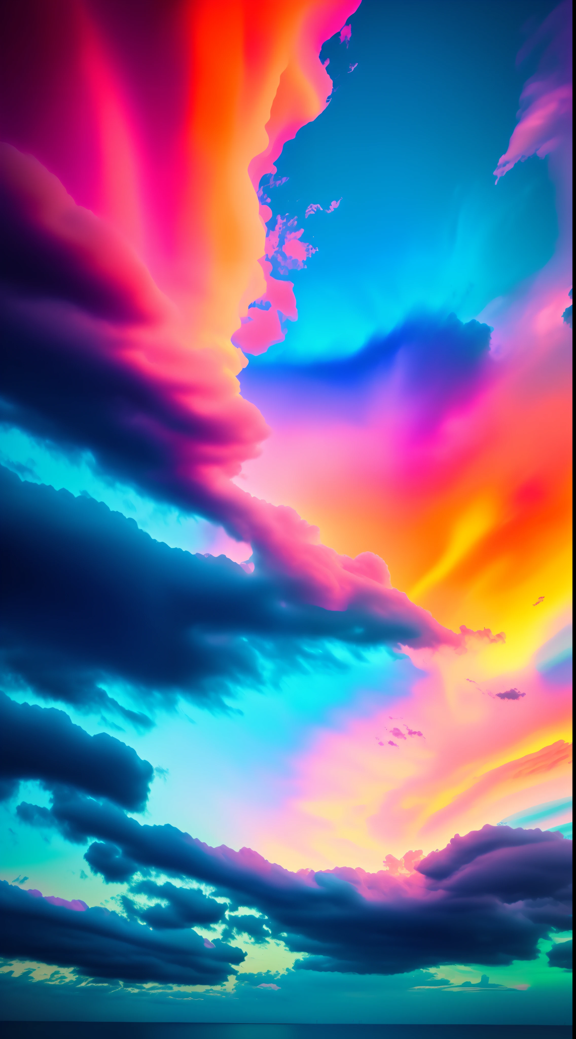 a brightly colored clouds are seen in a colorful sky with a tree, colorful swirly magical clouds, colorful clouds, psychedelic clouds, rainbow clouds, very colorful heavenly, rainbow colored clouds, magical colors and atmosphere, surreal clouds, glowing clouds, splashes of neon clouds, epic clouds and lighting, psychedelic sky, magical colours and atmosphere, breathtaking clouds, iridescent clouds