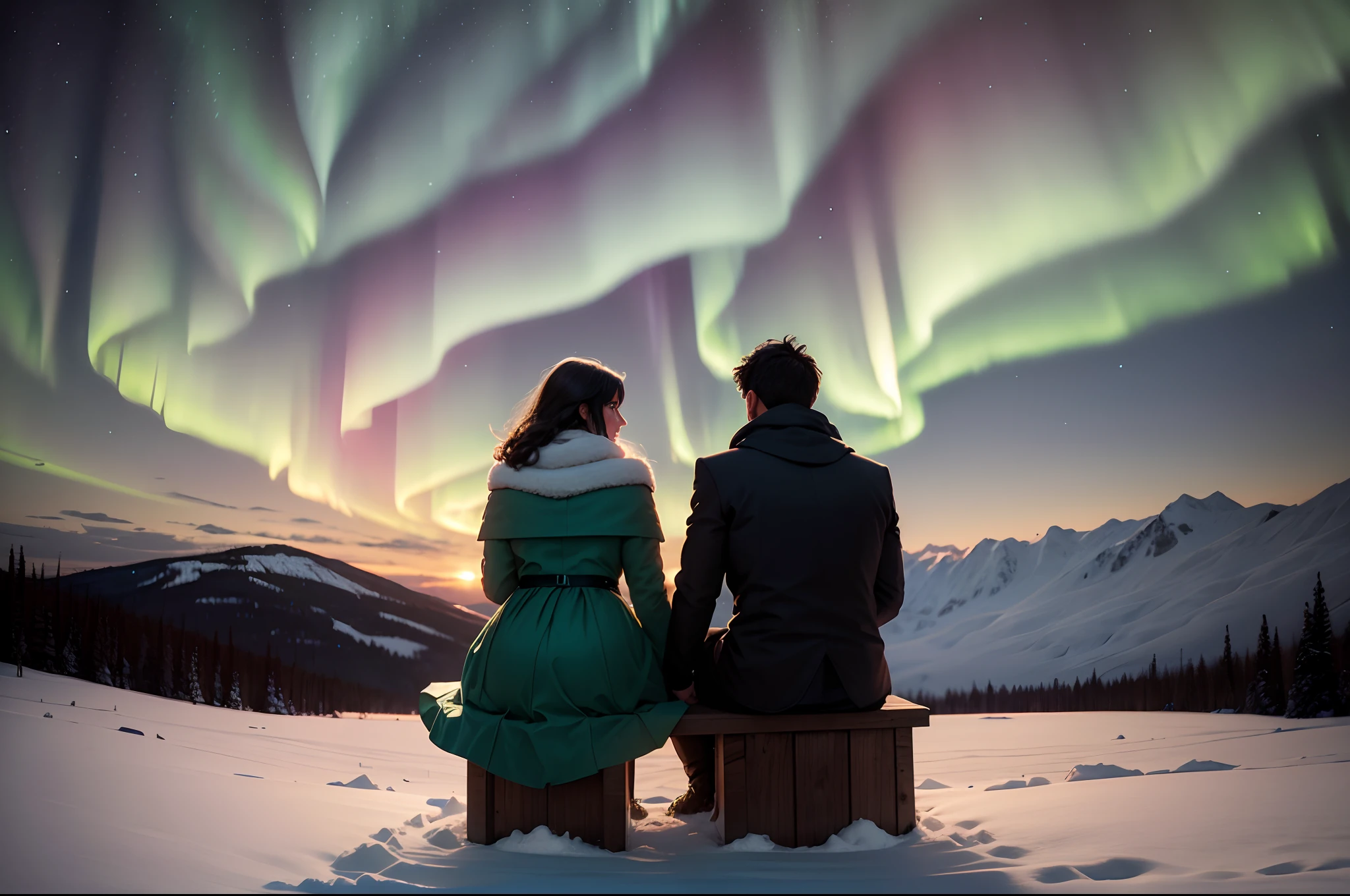 Backview, silhouettes of a romantic couple, sitting on a top of a hill, wearing winter clothes, looking at the Aurora in the sky, dancing light of aurora on the wide starry sky, aurora mostly in green tones, snowy landscape, aurora is the only light visible. highly detailed, photorealistic