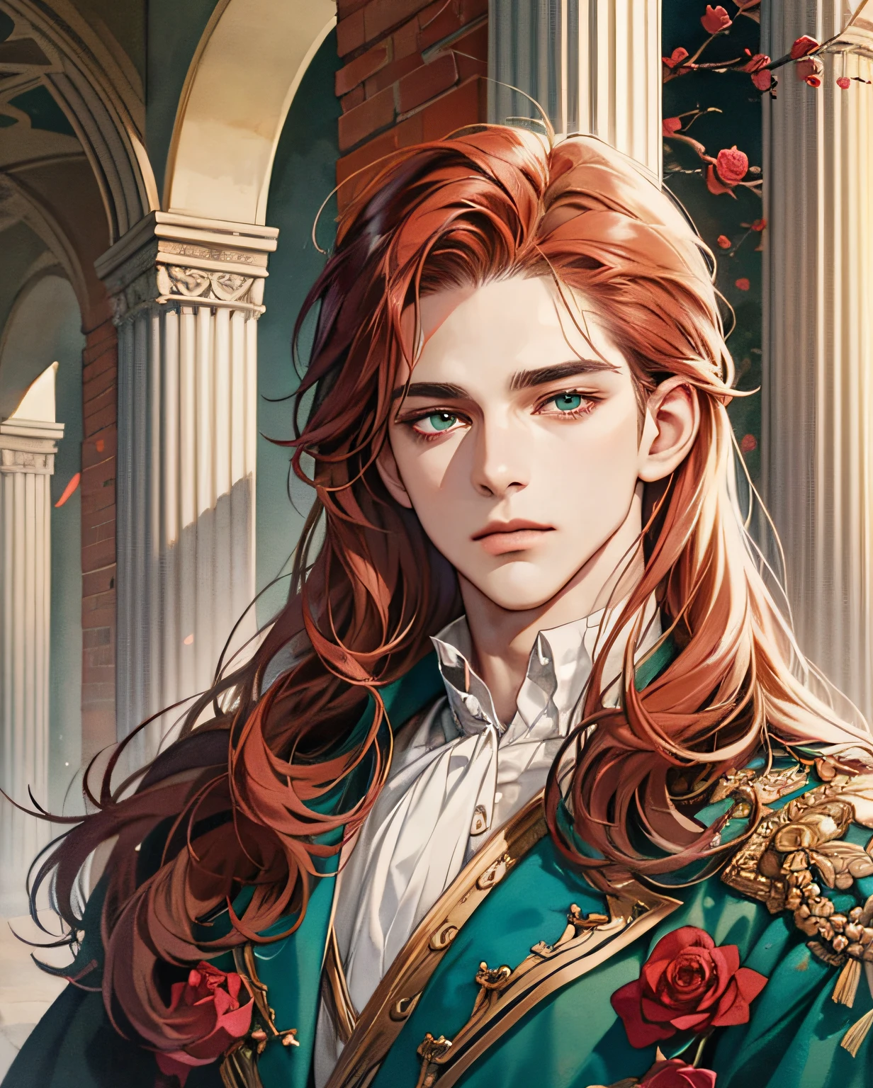 (extremely handsome and beautiful, watercolor (average), official art, beautiful and aesthetic:1.2), (fractal art: 1,3), 8k,(masterpiece:1.0),(best_quality:1.0), 1 man, man, complex details, enlarged textures, complex details, finely detailed eyes and detailed face, intricate details, man with red long hair, redhead, royal appearance, arrogant, INTJ, aristocratic noble clothes with white and red details, (closed mouth), perfect green eyes, equal eyes, elegant and noble, romantic aura, liquid, roses, colorful, greek statues full of thorns and roses, (god) majestic expression, man