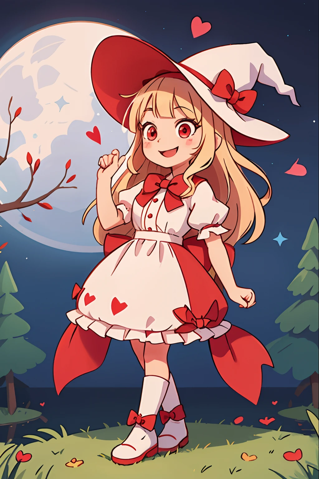 1girl in,Witch,Solo, Full body、Smile big,Long hair, Blonde hair, Witch Hat,Red Eyes,Puffy sleeves,white_Bow,Dress,Red_Footwear,Bow, Short sleeves,long boots,Make a heart mark with both hands、The background is the moon and the lake