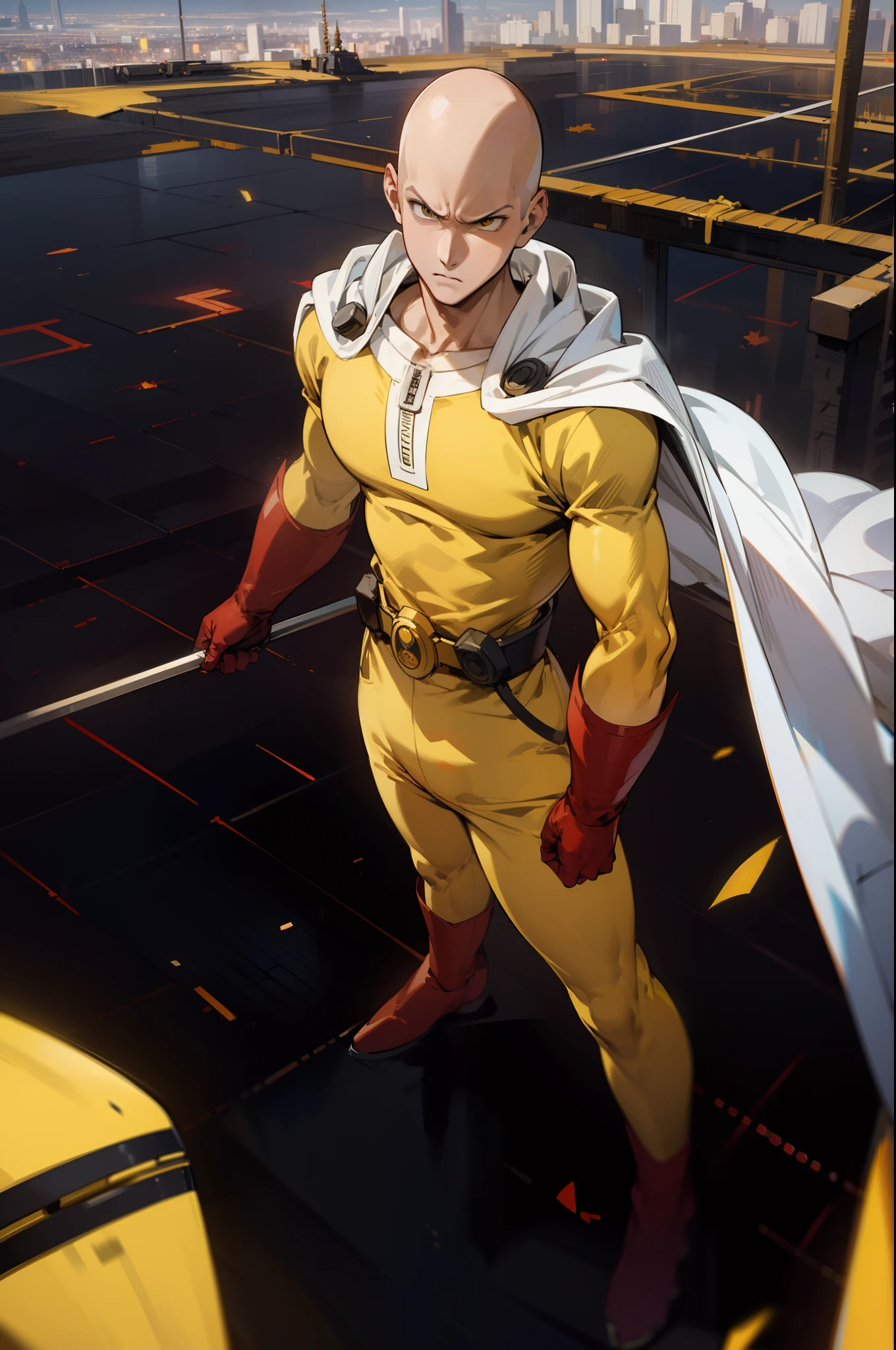 masterpiece, best quality, 1boy, (saitama), bald head, standing, yellow clothes, white cape, red gloves, aura power, night, natural light, flying above the city, electric background, angry eyes, detailed face, strong muscular, male focus, movie composition, deth of field, bokeh, (futuristic), (full body), (masterpiece), best quality, expressive eyes, perfect face,