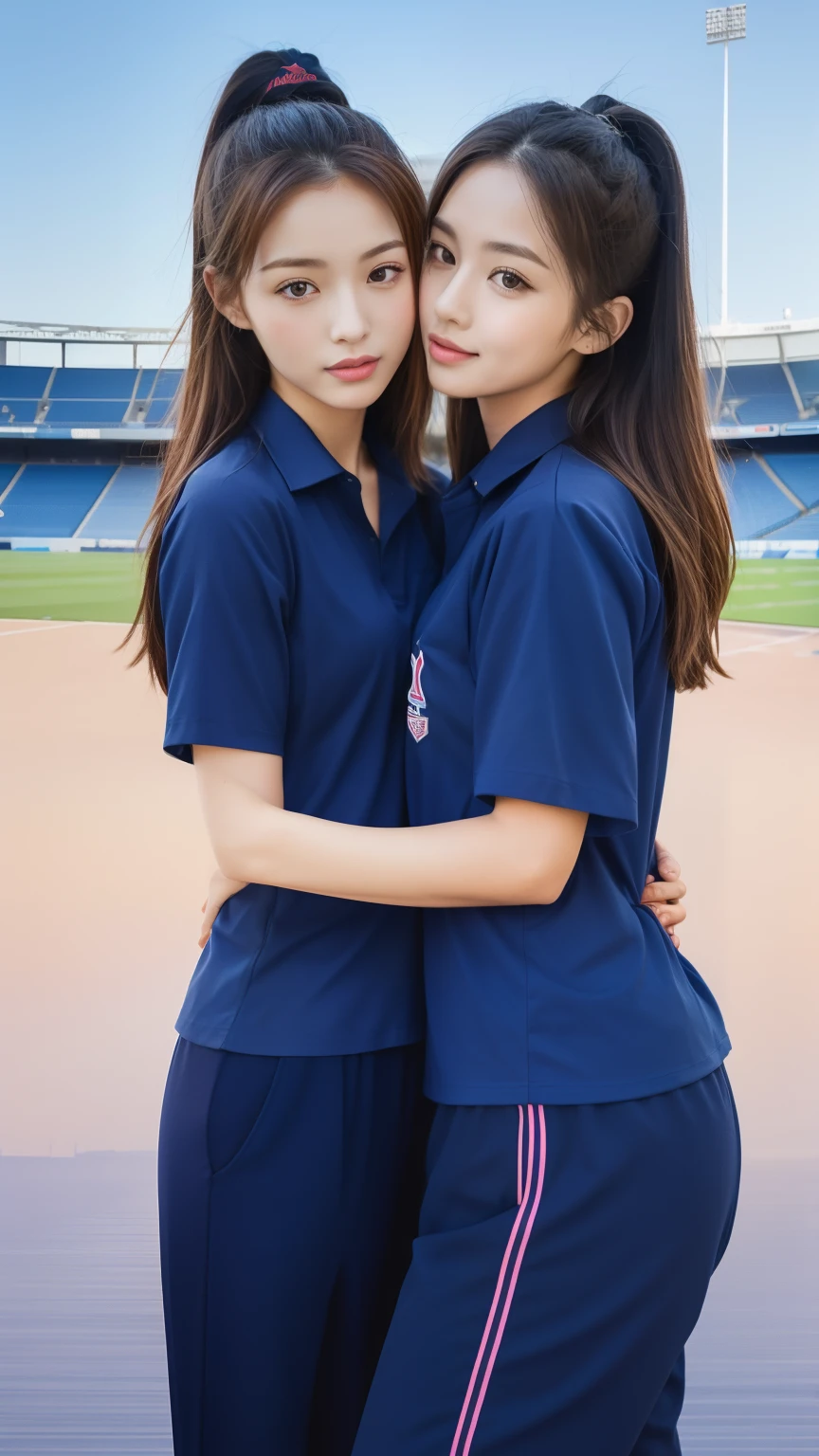 deux femmes ensemble de 18 ans sexy et mince , short sleeve uniform de sport, salle de classe, se touche,position sey,sensuel