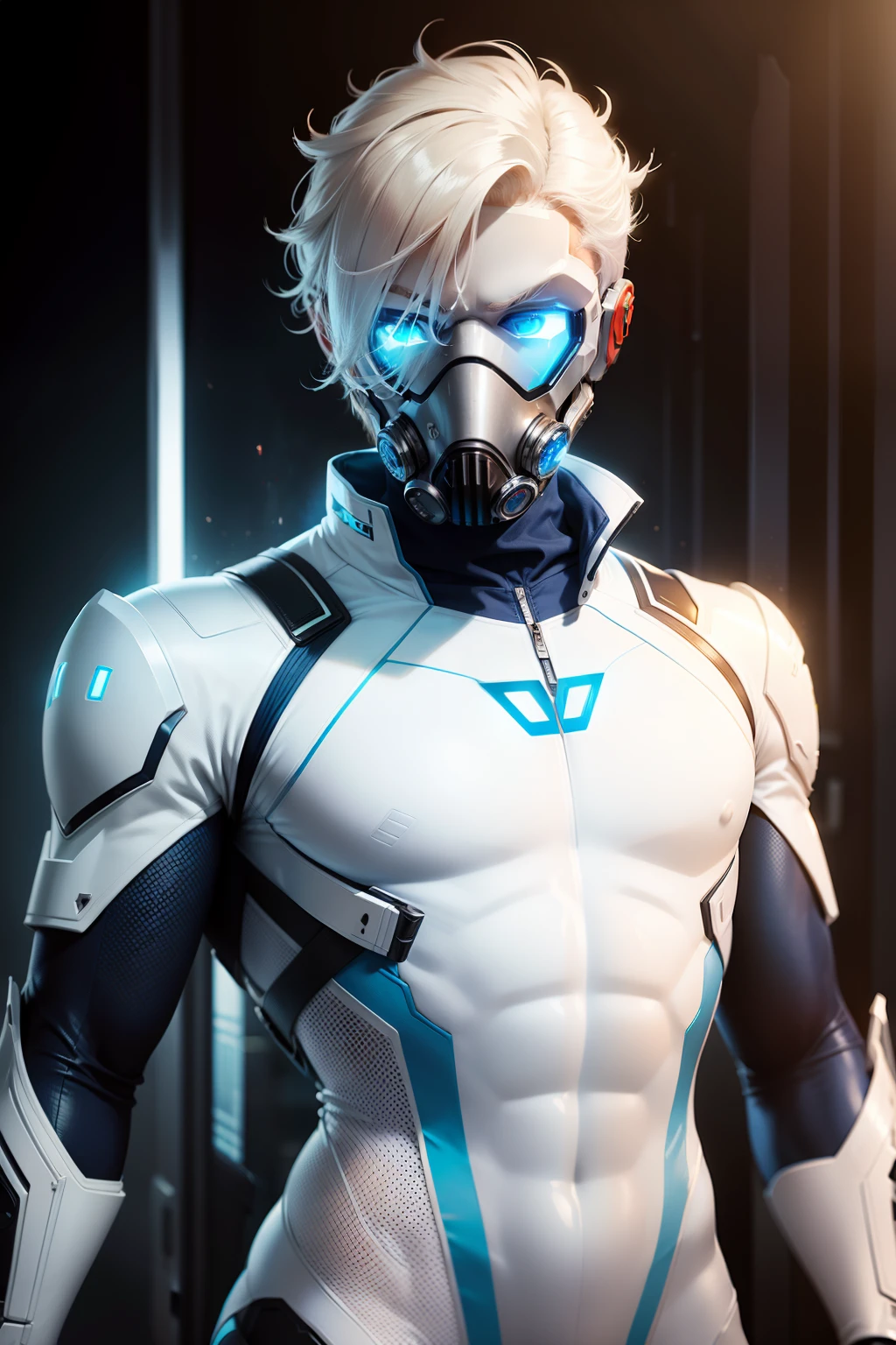 body suit, white and blue suit, futuristic suit, skin tight bodysuit, toned male, teenager, young male, face mask, bodysuit, futuristic, sci fi, toned male, white gas mask, hands visible, bulge, erect, cold stare, skinny, white gauntlet, tool belt, tight gloves, holding tool in hand, hair visible, blonde hair
