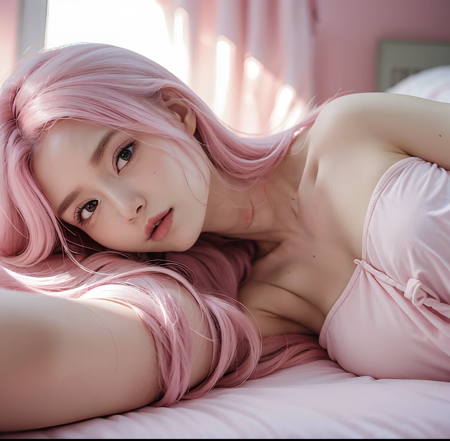 White girl with long pink hair in her bed with medium sized boobs naked