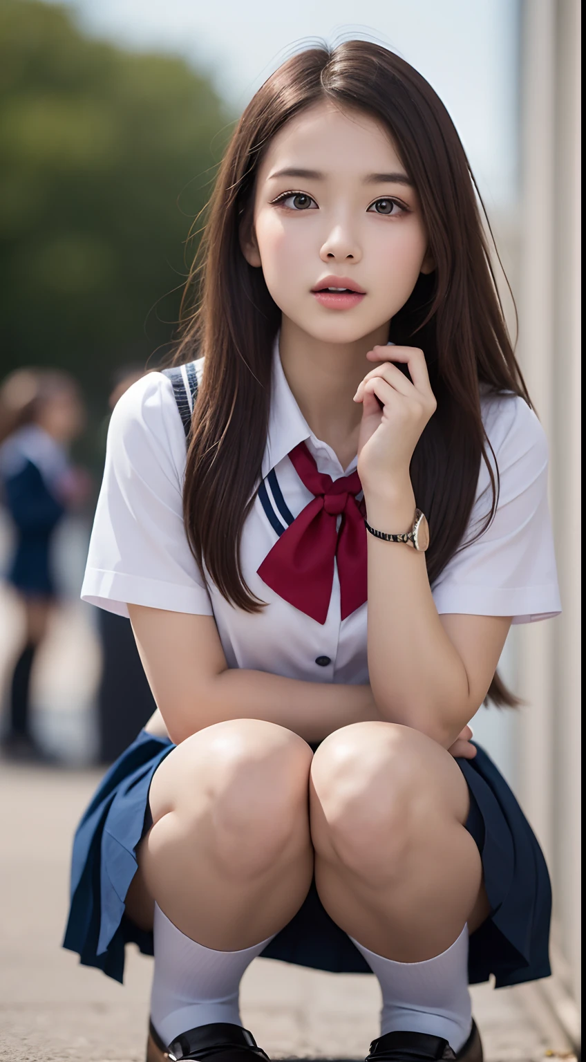 (ung girls), (extremely detailed beautiful face), Amazing face and eyes, (Best Quality:1.4), (Ultra-detailed), (extremely detailed CG unified 8k wallpaper), Highly detailed, High-definition raw color photos, Professional Photography, Realistic portrait, Amazing face and eyes, Pink eyes, (High School Uniform, Pleated mini-skirt:1.3), (High school uniform with wide open chest:1.5), Mini skirt, Brown hair, Model, (((Bokeh))), depth of fields, School, crass room, (Squatting:1.2), (:1.2), (View from below:1.2),
