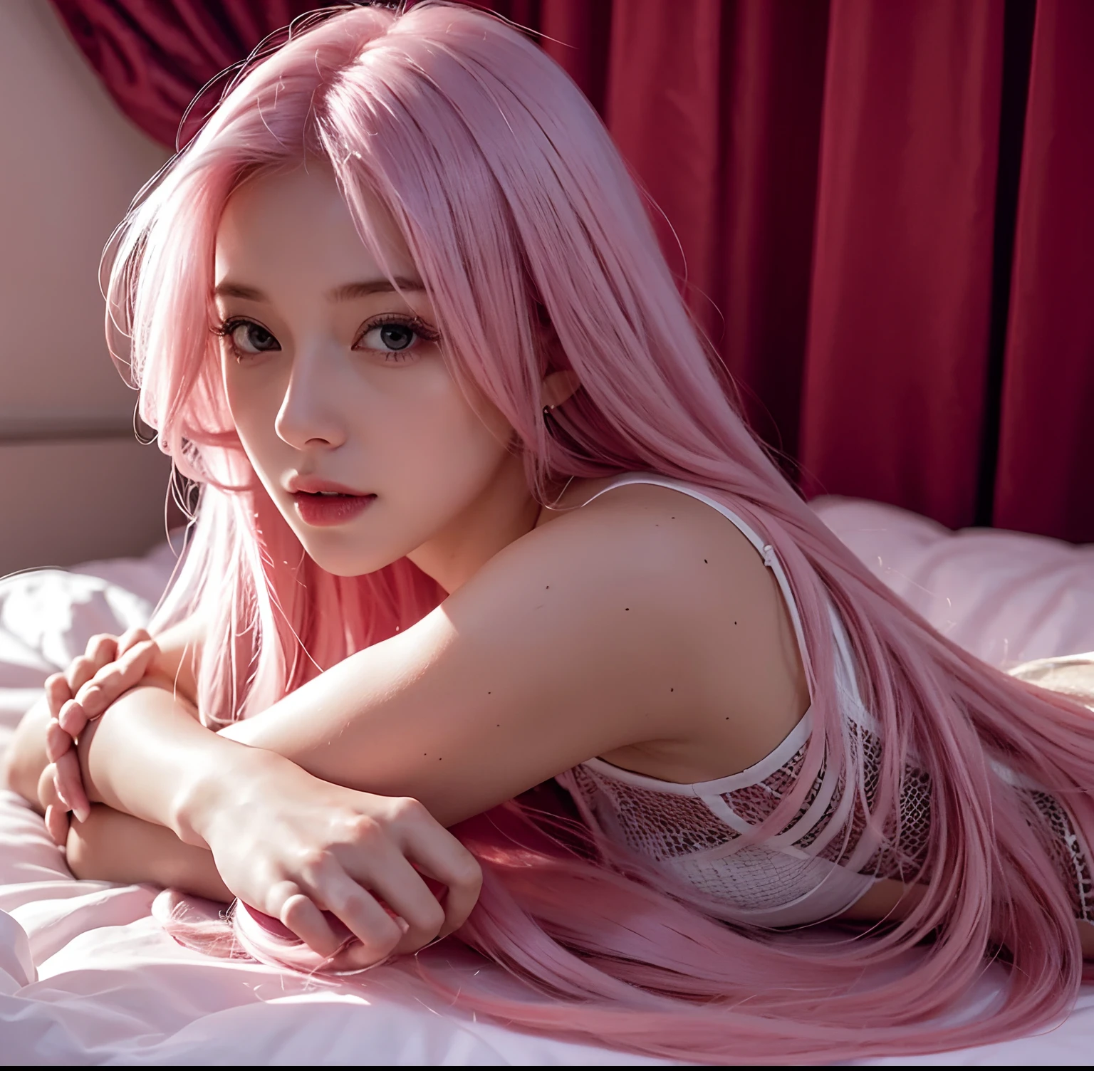 white girl with long pink hair lying in her bed. Ultra realistic