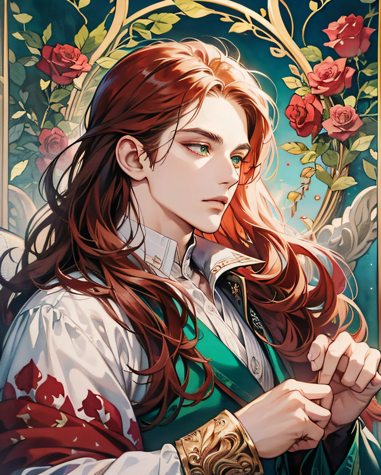 (extremely handsome and beautiful, watercolor (average), official art, beautiful and aesthetic:1.2), (fractal art: 1,3), 8k,(masterpiece:1.0),(best_quality:1.0), 1 man, man, complex details, enlarged textures, complex details, finely detailed eyes and detailed face, intricate details, man with red long hair, redhead, royal appearance, arrogant, INTJ, aristocratic noble clothes with white and red details, (closed mouth), perfect green eyes, equal eyes, elegant and noble, romantic aura, liquid, roses, colorful, greek statues full of thorns and roses, (god) majestic expression, man