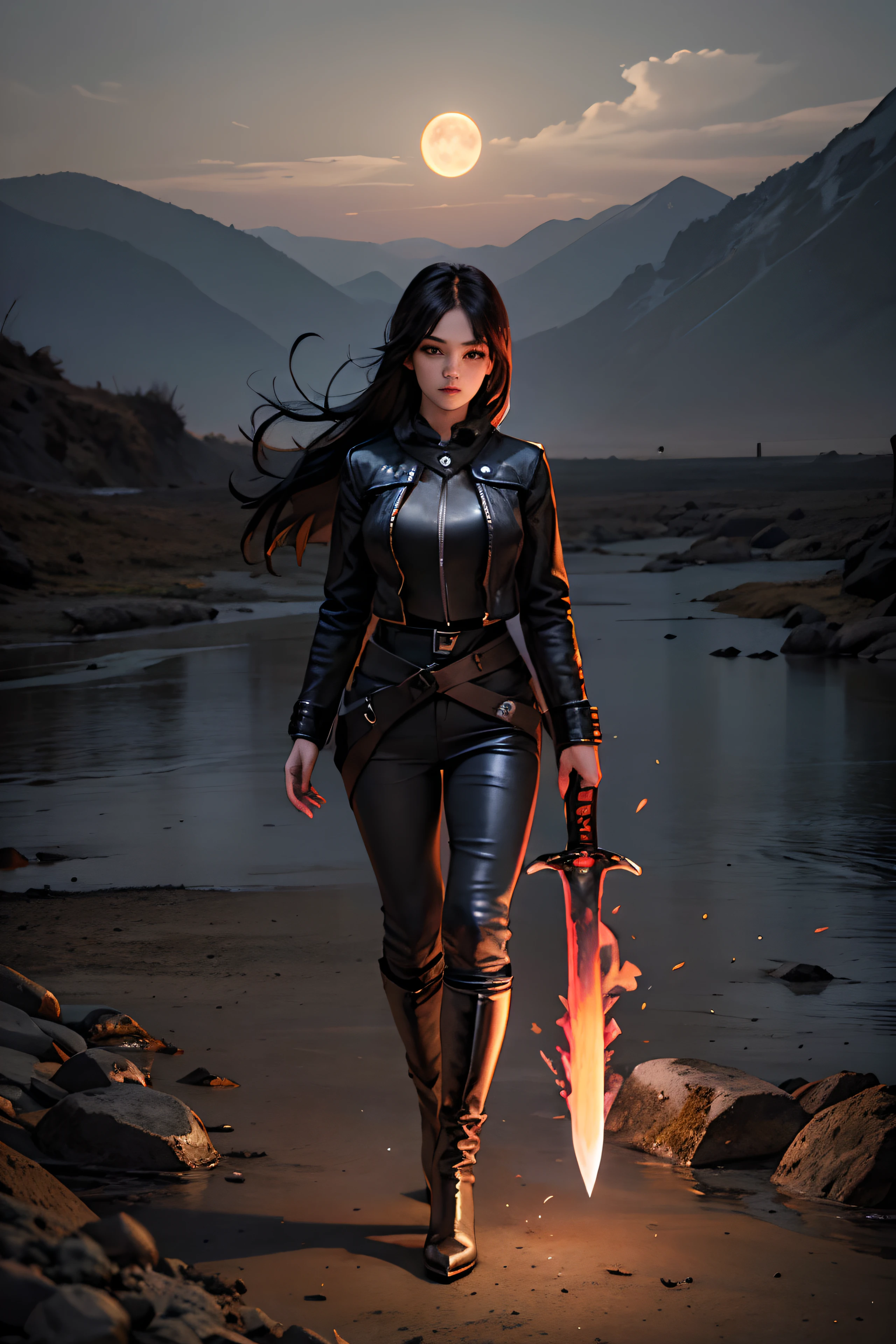 1girl, long curly black hair, brown eyes, wearing black leather jacket, black leather long pants, black boots, high res, ultrasharp, 8K, masterpiece, looking at viewer, full body photo, magnificent scene, epic scenes, large moon, fire, magic, warrior, mountains, large sword at waist, smoke, battlefield, ruin