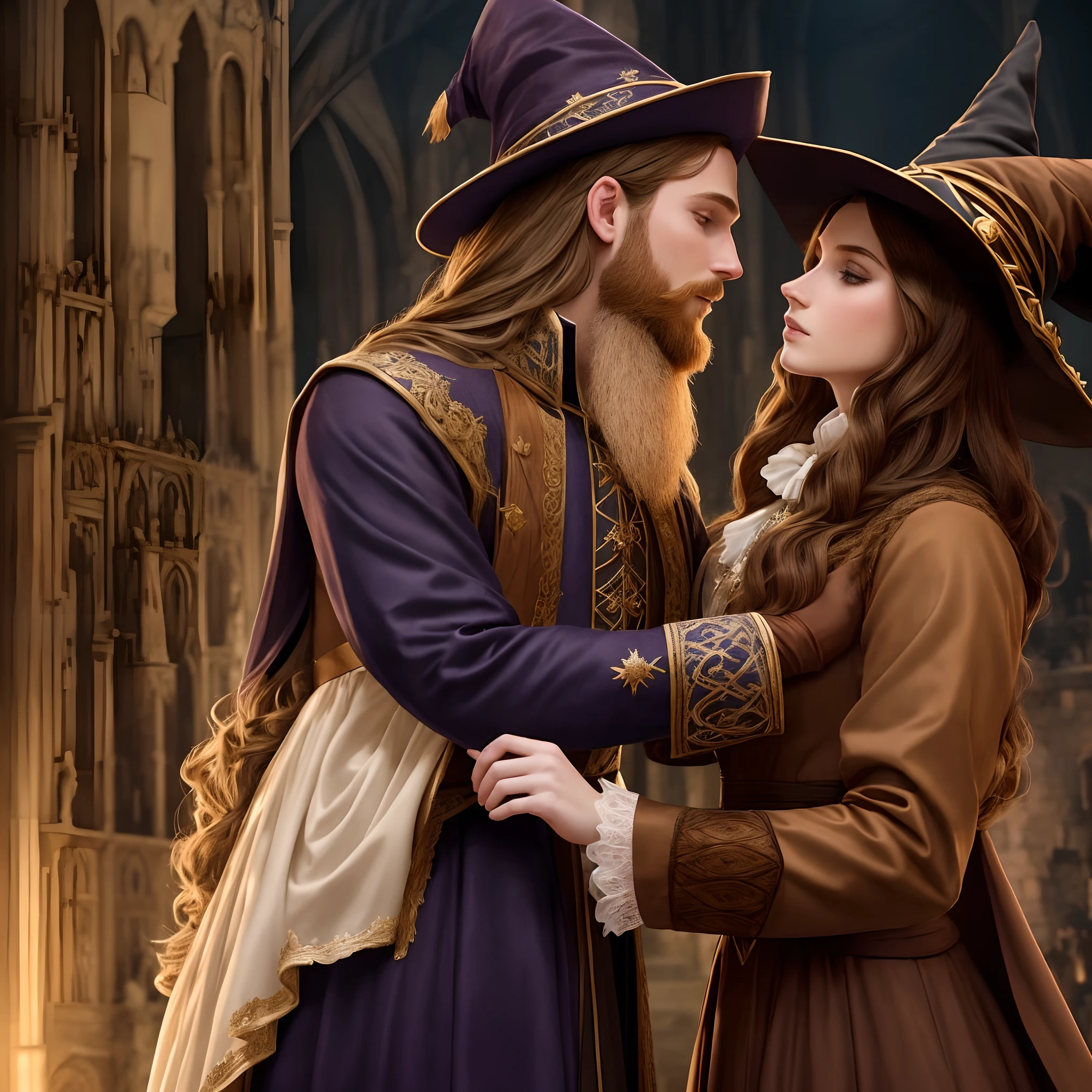 A pale girl of European appearance with brown hair , Dressed as a witch with a hat , hugs and kisses the prince , The prince is dressed like a wizard with blonde hair and beard, They stand at full height , A very passionate kiss , Front light , Perfect skin , castle background