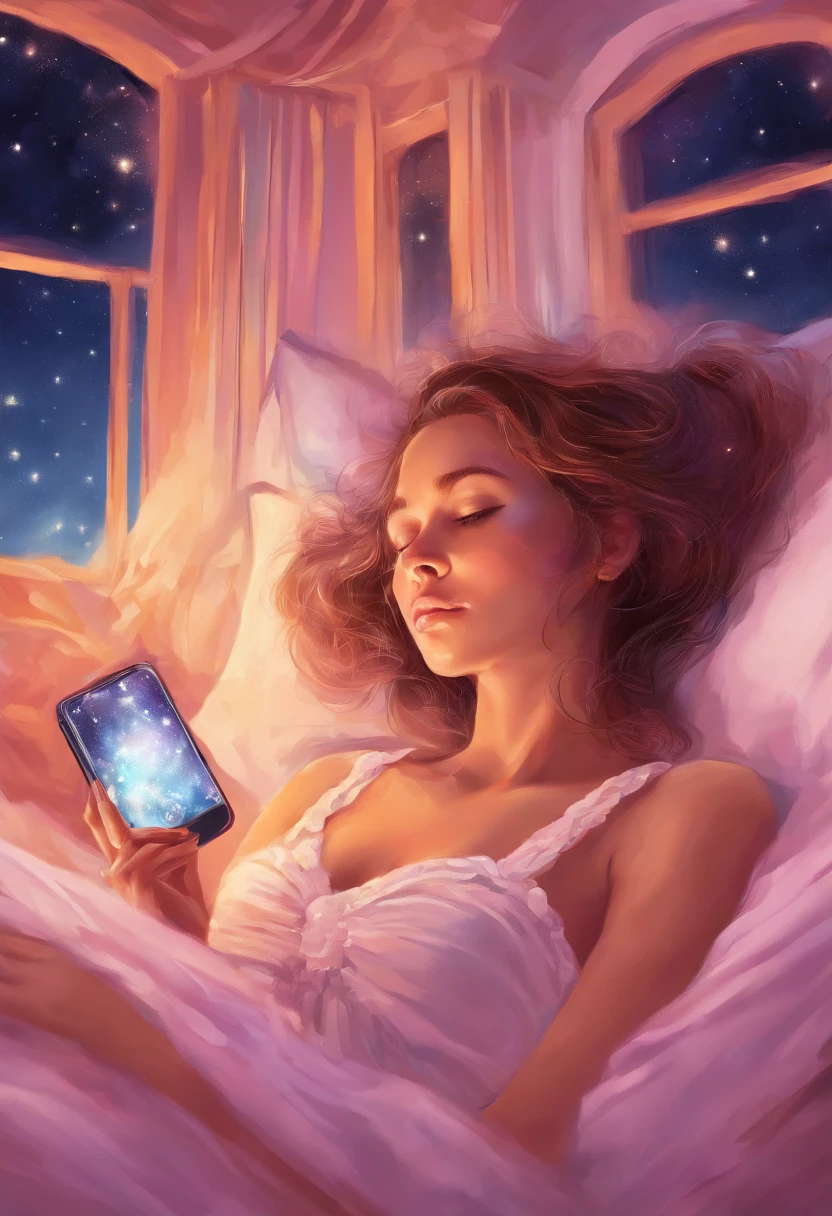 1 girl lying in bed looking at mobile phone screen, sozinha, pensive expression