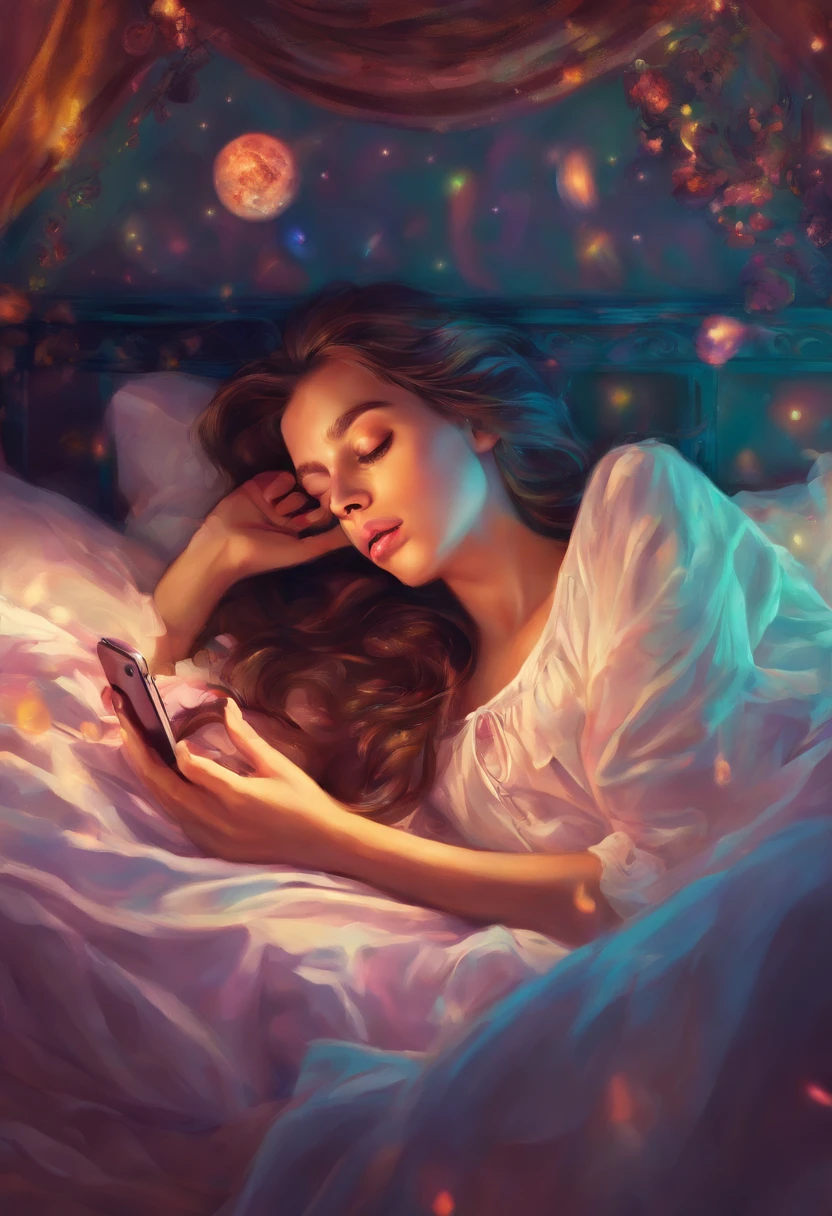 1 girl lying in bed looking at mobile phone screen, sozinha, pensive expression
