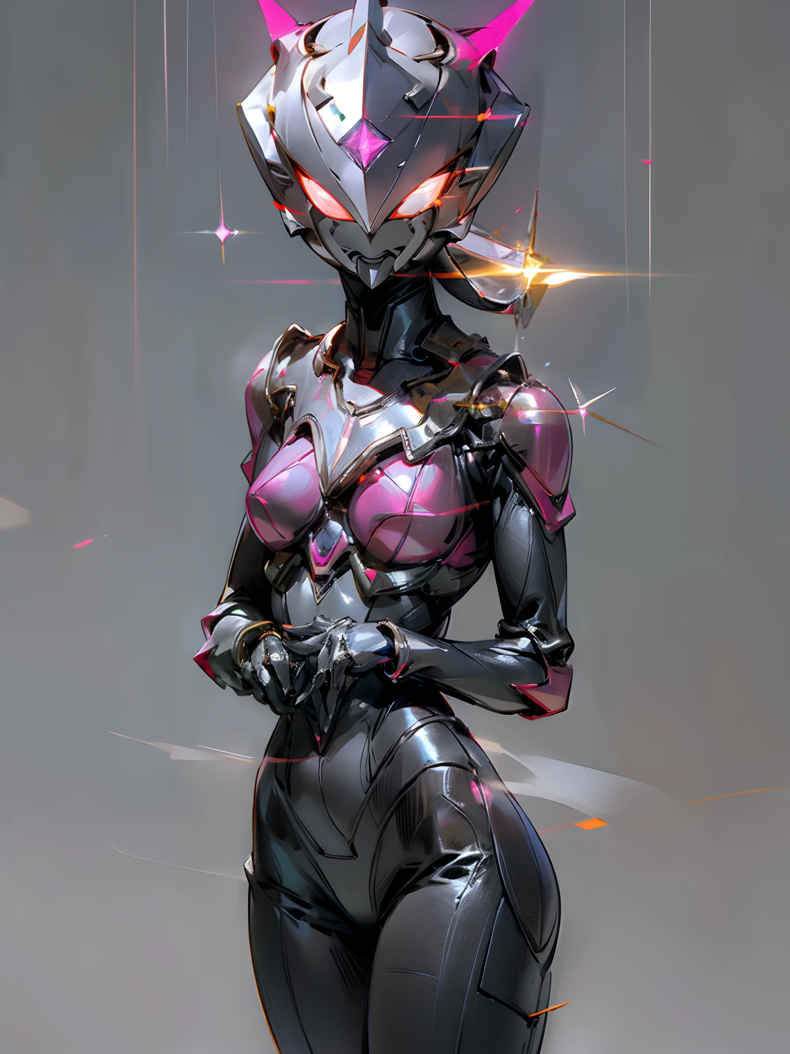 The beautiful figure of Ultraman Woman, Cover his true face with a black mask, Female Solo, Alien eyes shine。The whole body is covered with a black bodysuit, One female protagonist, Pink lines all over the body, Crystal shining on the head。The chest has a radiant core, Dark background,